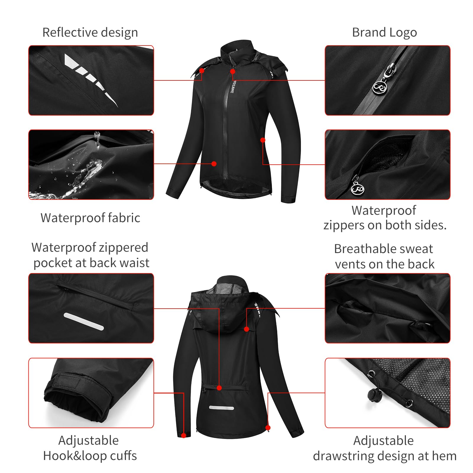 WOSAWE Veste de Cyclisme Femme Imperméable Léger Veste de Course à Capuche Coupe Vent Manteau de Pluie pour Voyage Camping Randonnée Vacance Trekking (Noir, XL)