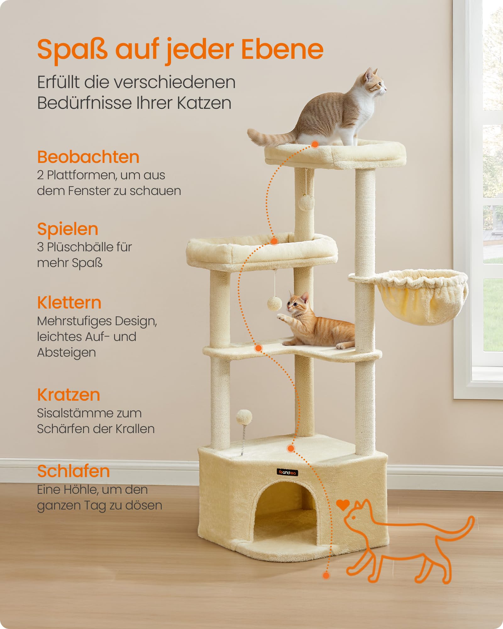 Feandrea Kratzbaum, Katzenbaum, 48,5 x 48,5 x 140,7 cm, Katzenkratzbaum mit großer Kuschelhöhle, großen Plattformen, Plüschbällen, Liegemulde, sandbeige PCT009Y01