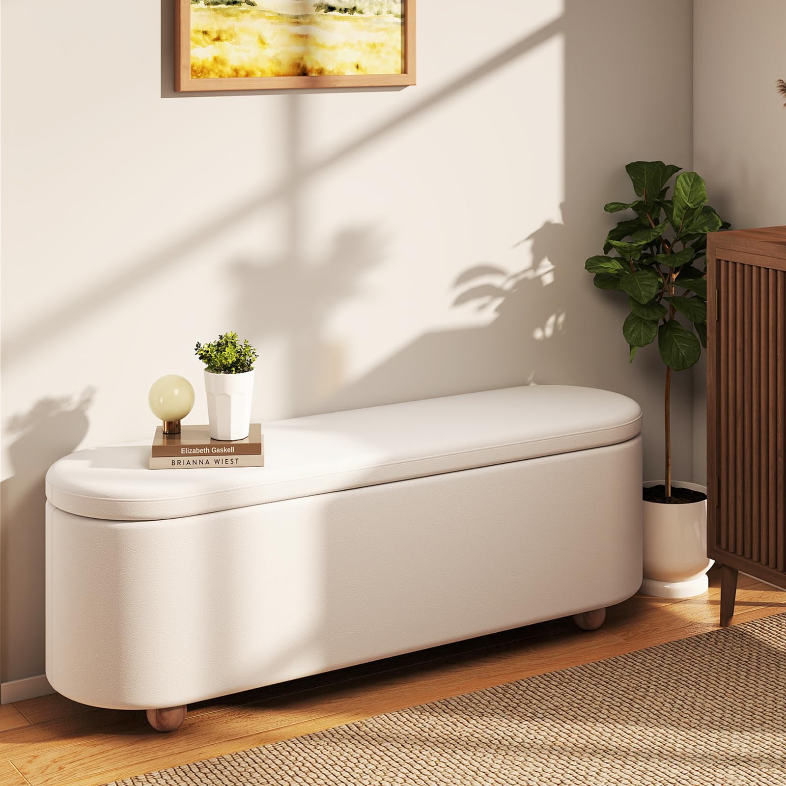 COSTWAY Banc de Rangement 150 L, Pieds en Bois d'Hévéa, Banc Bout de Lit, Patins Antidérapants, Banquette Coffre pour Chambre Salon Entrée, Charge 300 kg, 139 x 40,5 x 48,5 cm, Blanc