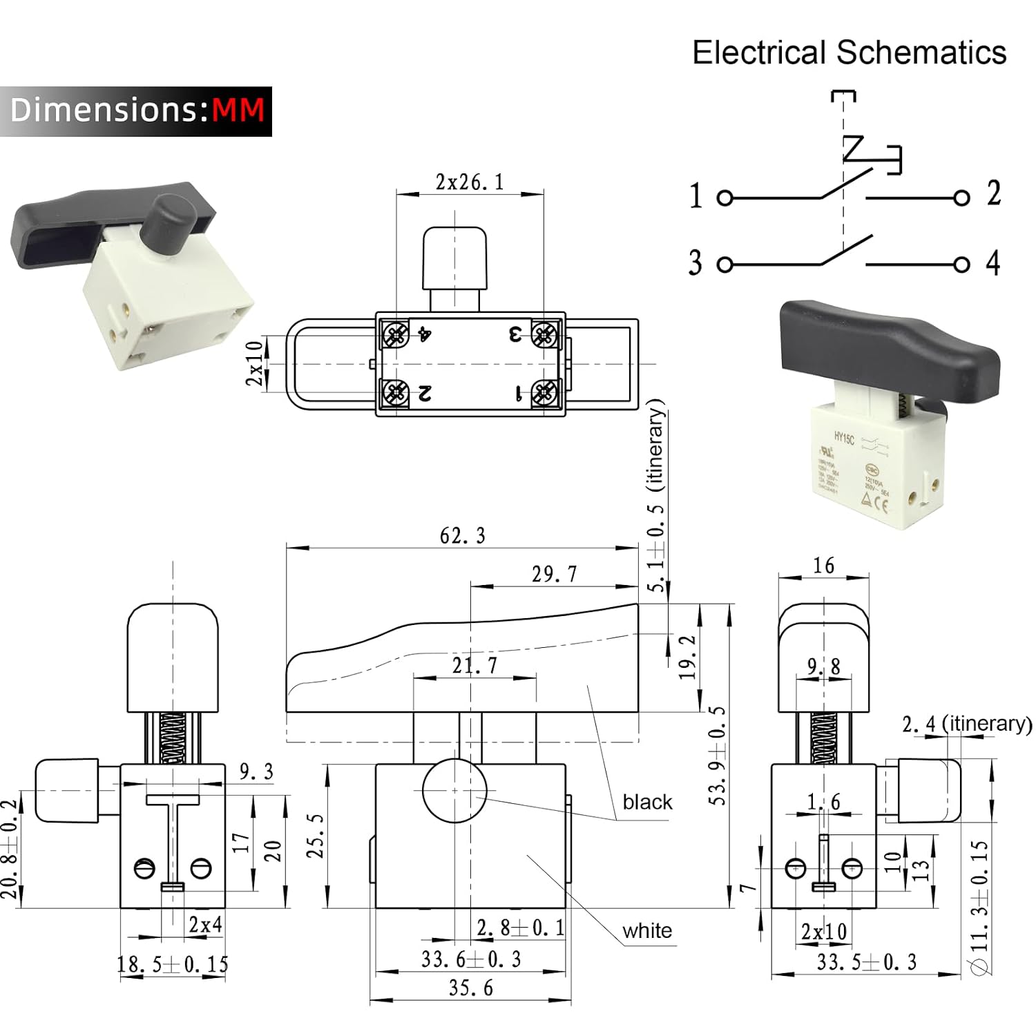 HY15C Switch (1-Pack) Lock-on Push Button Switch with Screw Terminals, 18A 125V 12A 250V, Compatible with Bauer Rotary Hammers & Power Drills, Fits 1.32" x 1.40" Rectangular Body Cavity