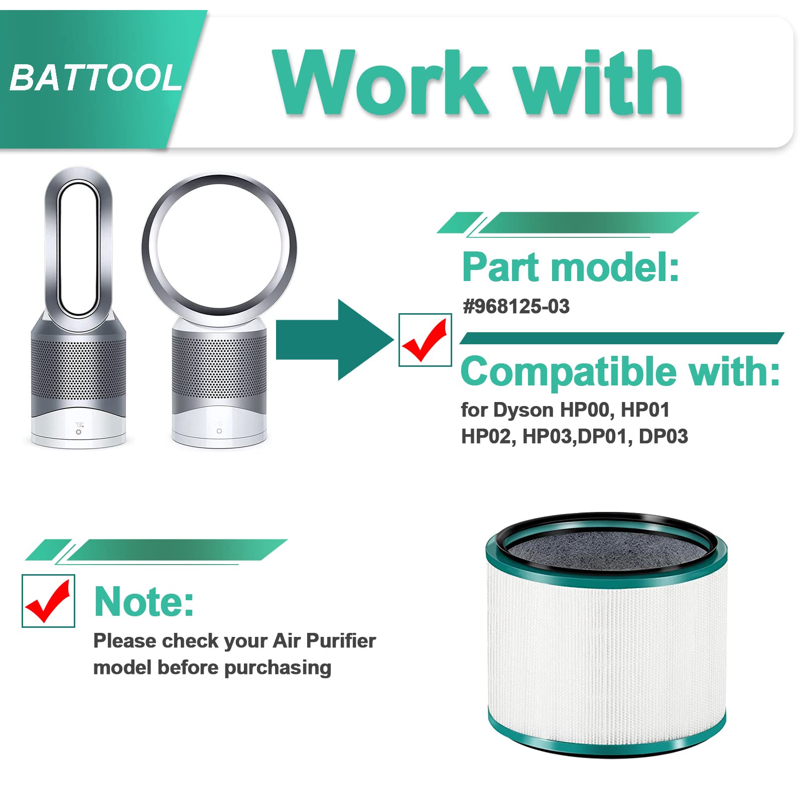 Filtro HEPA de repuesto para purificador de aire Dyson, filtro intercambiable compatible con Dyson HP02 HP01 HP00 Pure Hot + Cool Link