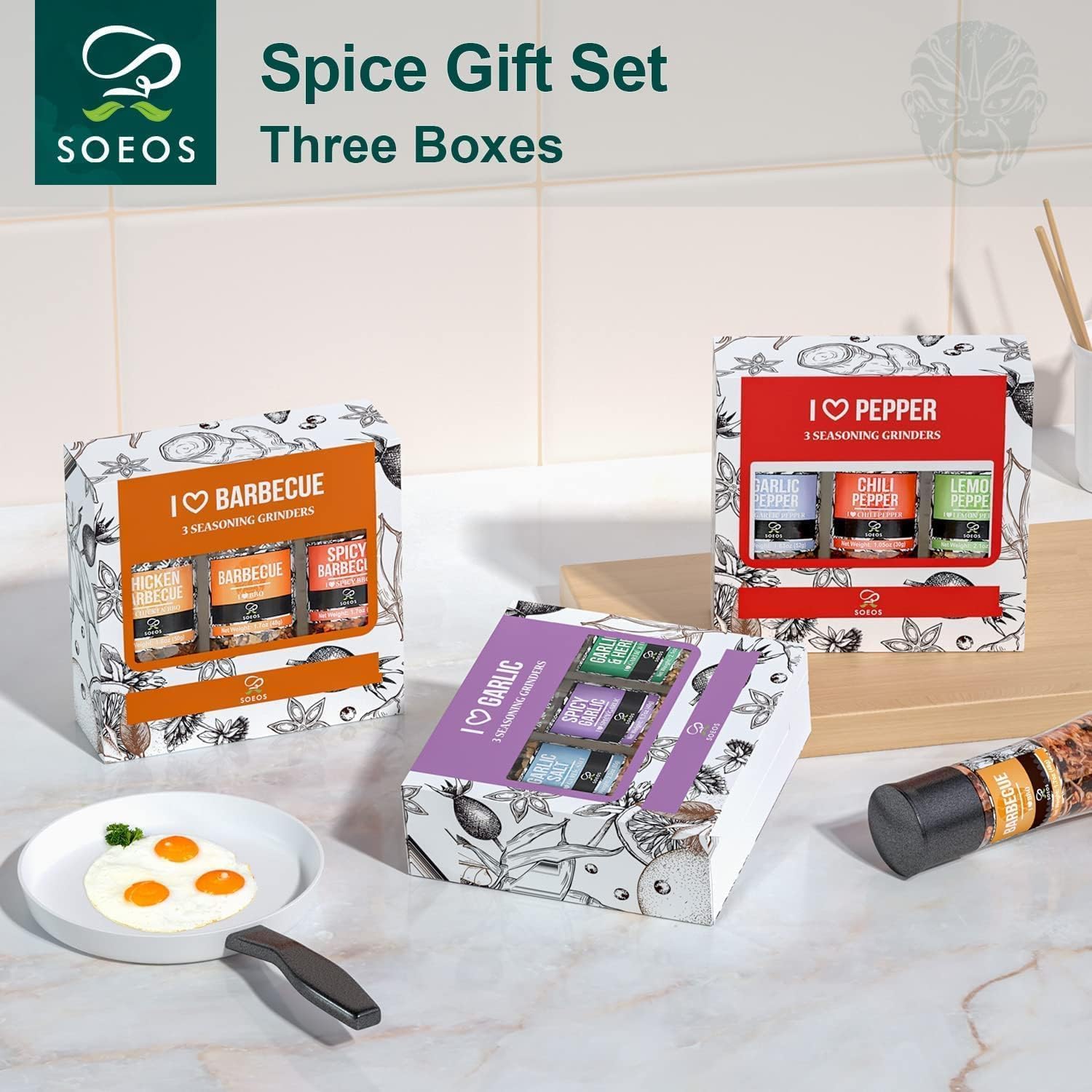 Soeos Spice Seasoning Set of 9 with Integrated Grinders, Individual Spice Grinder, Pure and Fresh Perfect for BBQ Seasoning Gift Set