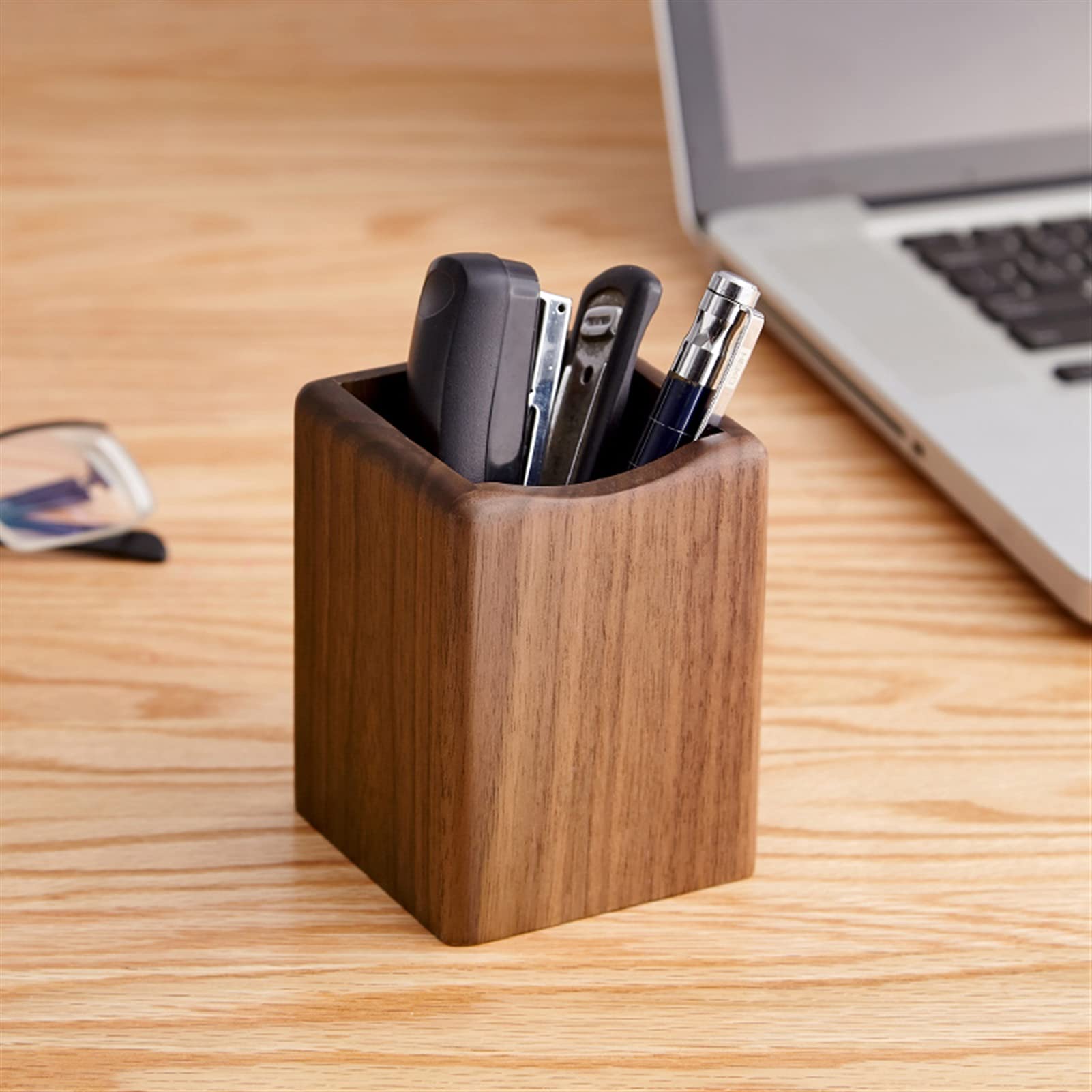 Stifthalter für den Schreibtisch, Schwarzer Walnussholz-Schreibtisch-Stifthalter, Bleistift-Make-up-Pinsel-Organizer, 2,95 x, 3,94 Zoll