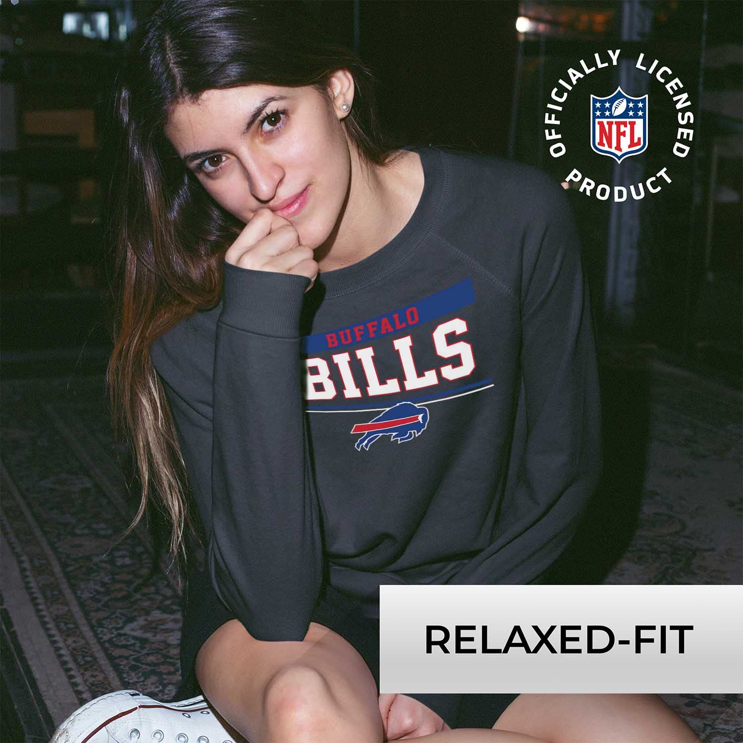 Team Fan Apparel NFL Womens Charcoal Crew Neck Football Apparel, Light Weight Slouchy Raglan Sleeve Crewneck Pullover (Buffalo Bills - Charcoal, Medium)