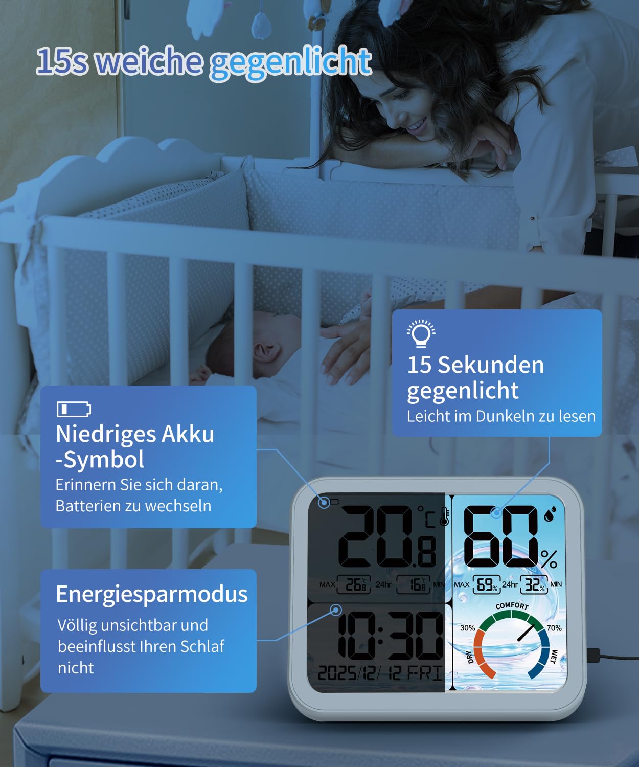 VOCOO 5.8" Digitales Raumthermometer und Hygrometer – LCD-Display mit Hintergrundbeleuchtung und Komfortanzeige, Max/Min-Speicher, Uhr und Kalender, zwei Stromversorgungsmöglichkeiten (USB/Batterie)