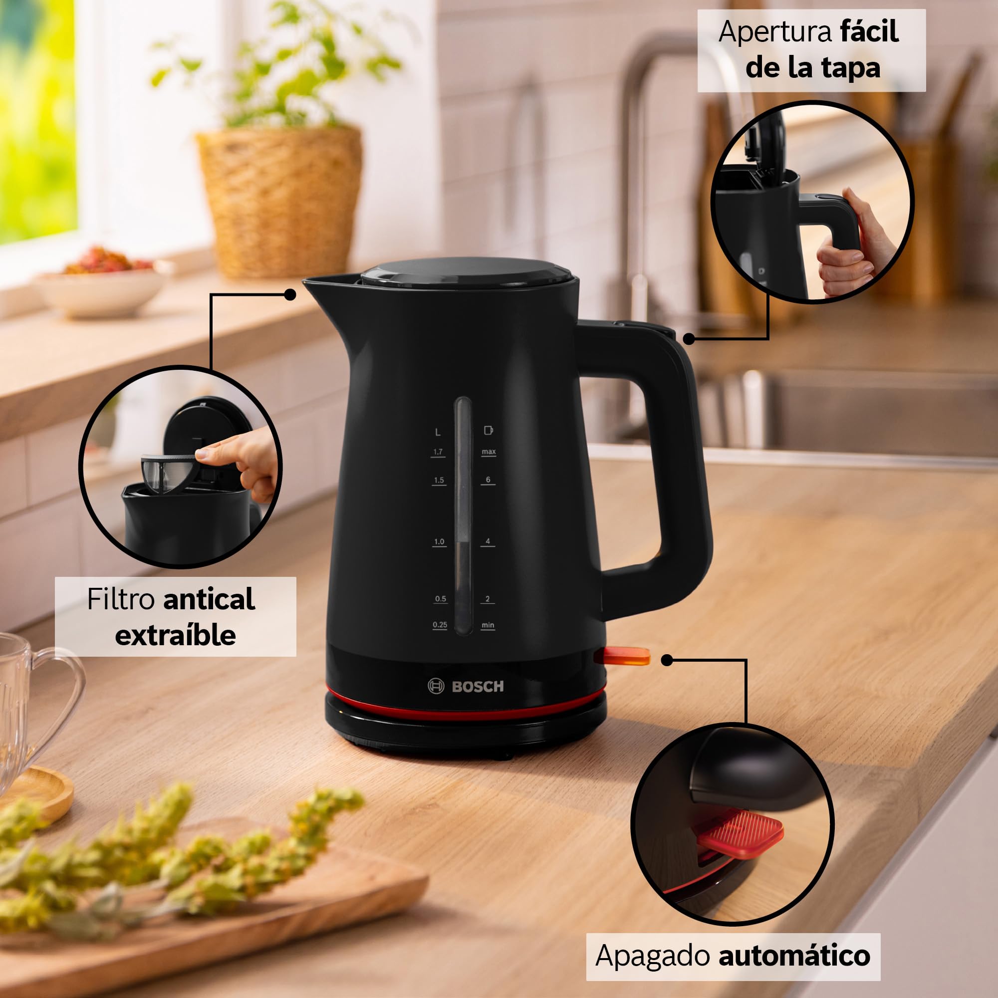 Bosch - Hervidor eléctrico, MyMoment, manejo ergonómico, triple sistema de seguridad, filtro antical, capacidad de 1,7 l, negro, TWK3M123