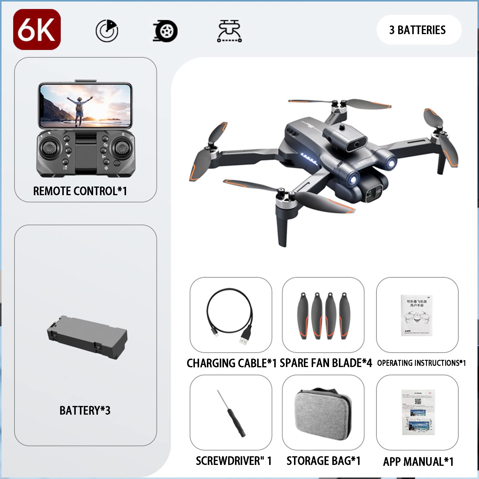 Fotografia Aerea da 6K Pixel: Drone Aereo avanzato con Pixel da 6K, prevenzione degli Ostacoli a 360°, Motore brushless, Zoom 50x e Passaggio del Flusso Ottico. (C)