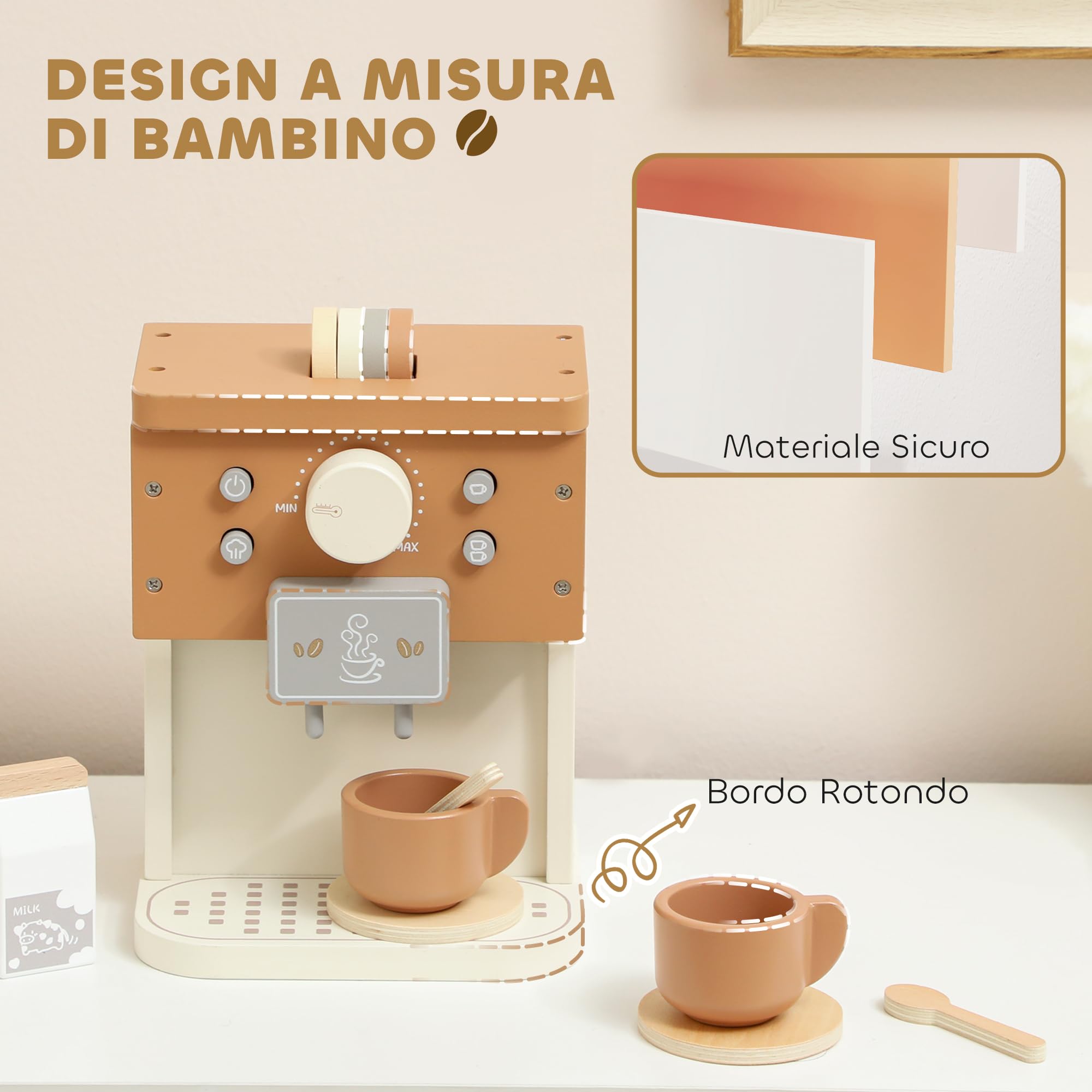 AIYAPLAY Set Macchina del Caffè Giocattolo in Legno, Gioco in Legno per Bambini da 3 Anni in Su con Pulsanti e Accessori, Marrone