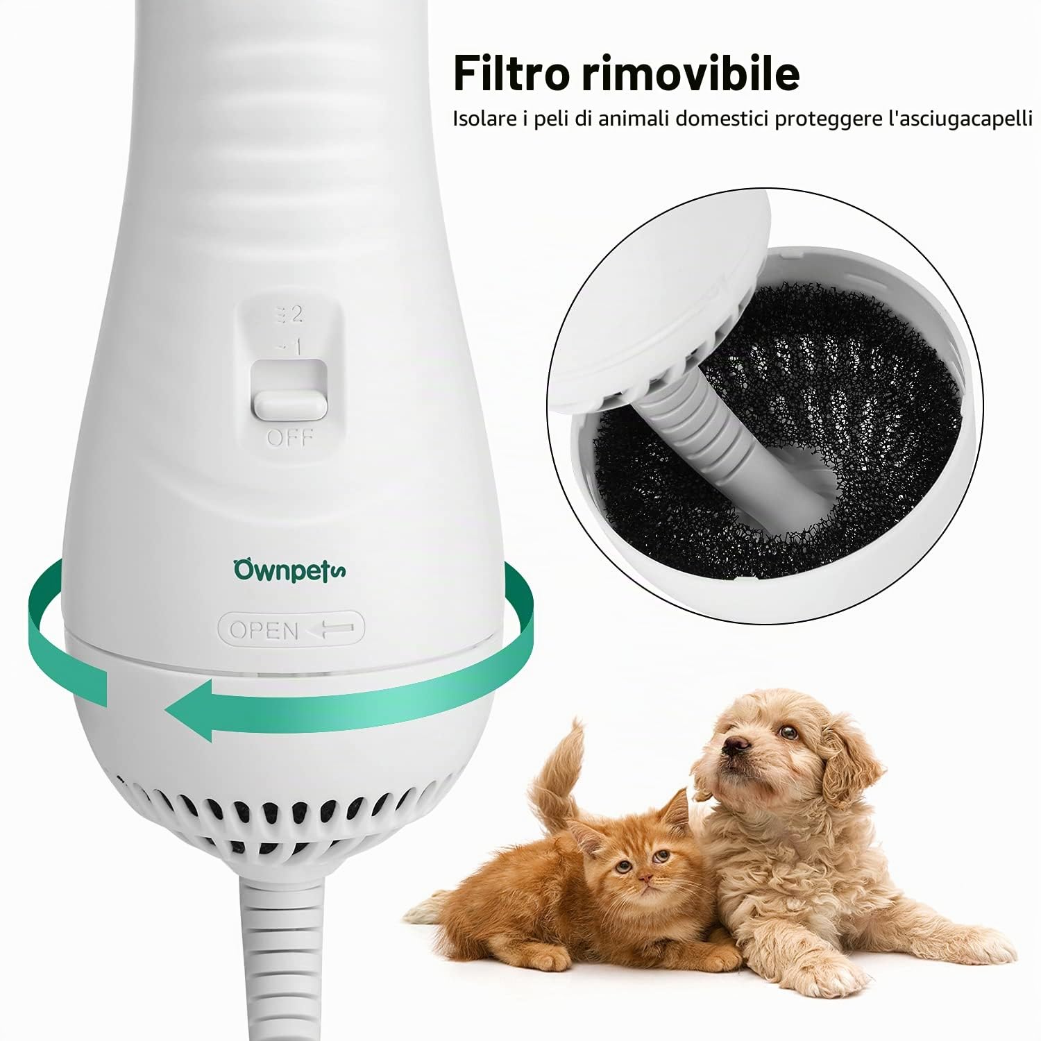 Ownpets Asciugacapelli per cani con pettine in pelliccia, 2 in 1, asciugacapelli per animali domestici, temperatura regolabile, asciugacapelli per cani, gatti o altri animali domestici