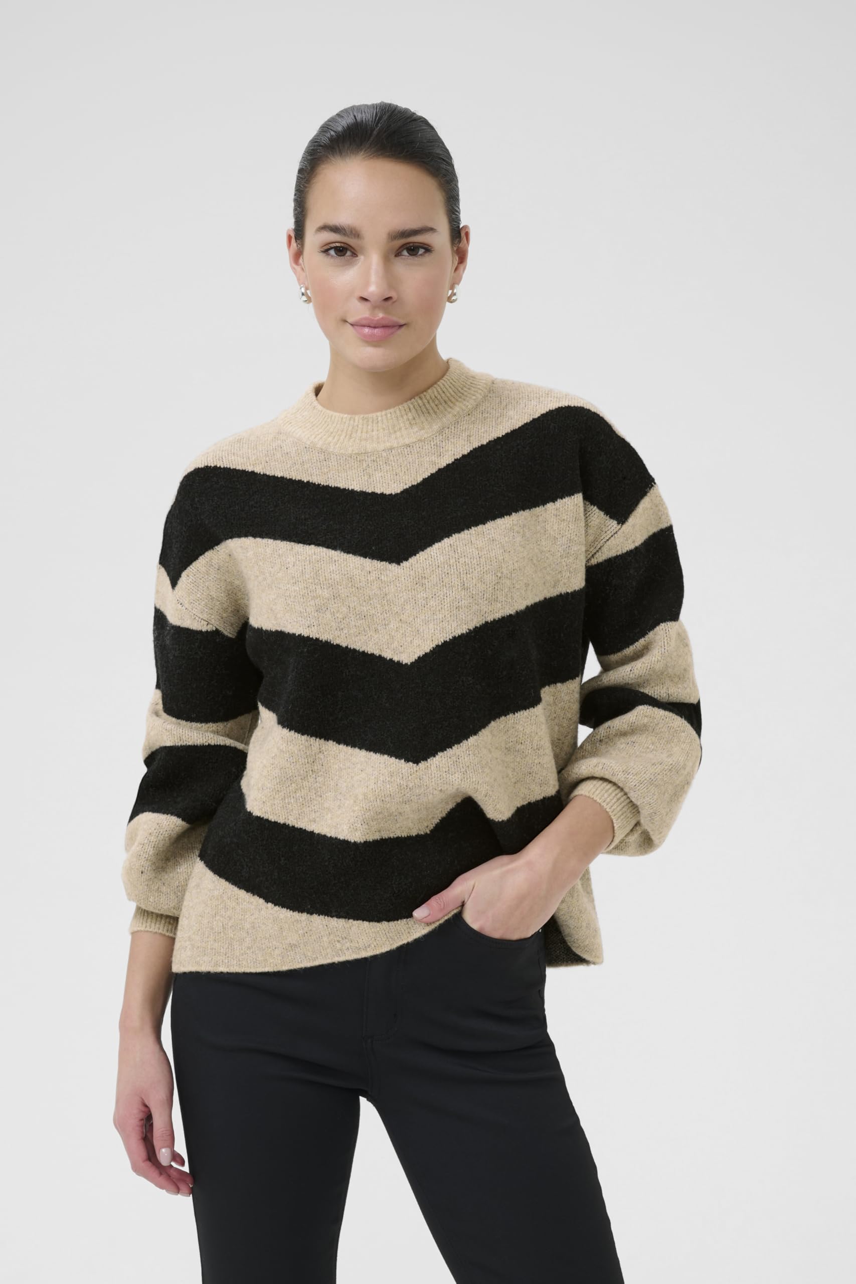 KAFFE Women's Pullover Crew Neck Graphic Print Casual Fit Long Sleeves Knit Donna