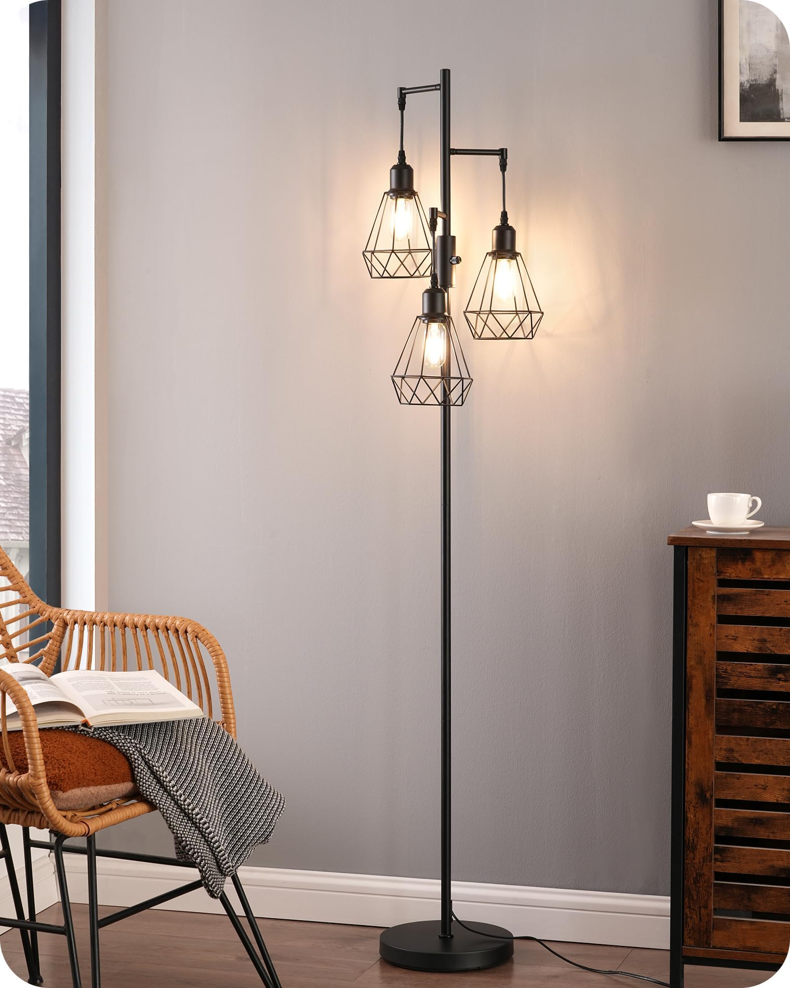 EDISHINE Stehlampe Wohnzimmer 166cm, Vintage Standleuchte Dimmbar, Industrial Stehleuchte Schwarz mit LED E27 Leuchtmittel, 3 Käfig Lampenschirm aus Metall, für Modern Deko Schlafzimmer, Geschenk