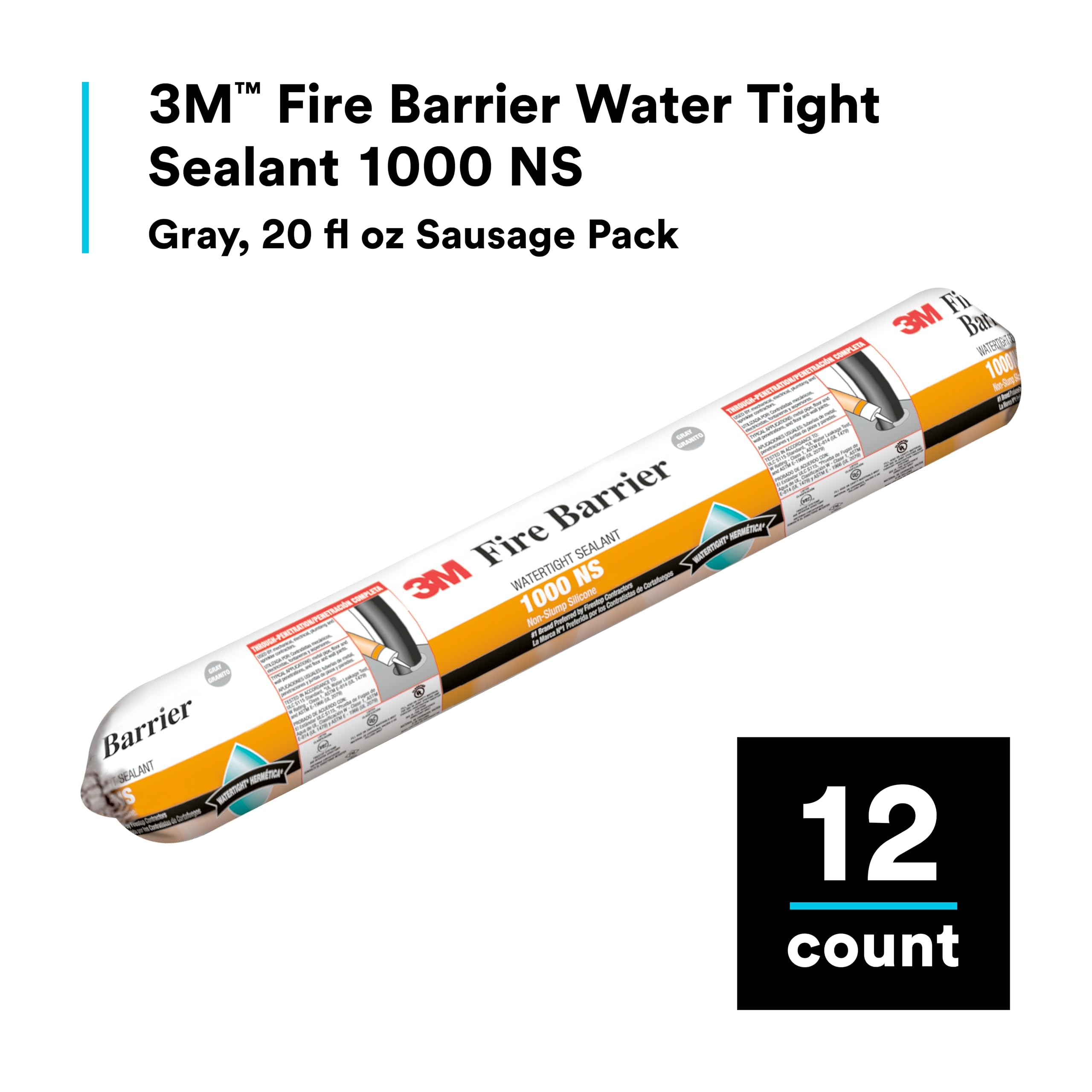 3M Fire Barrier Water Tight Sealant 1000 NS, Gray Color, Non-Slump, Ready-To-Use, Single Component, Neutral Cure, 20 fl oz Sausage Pack