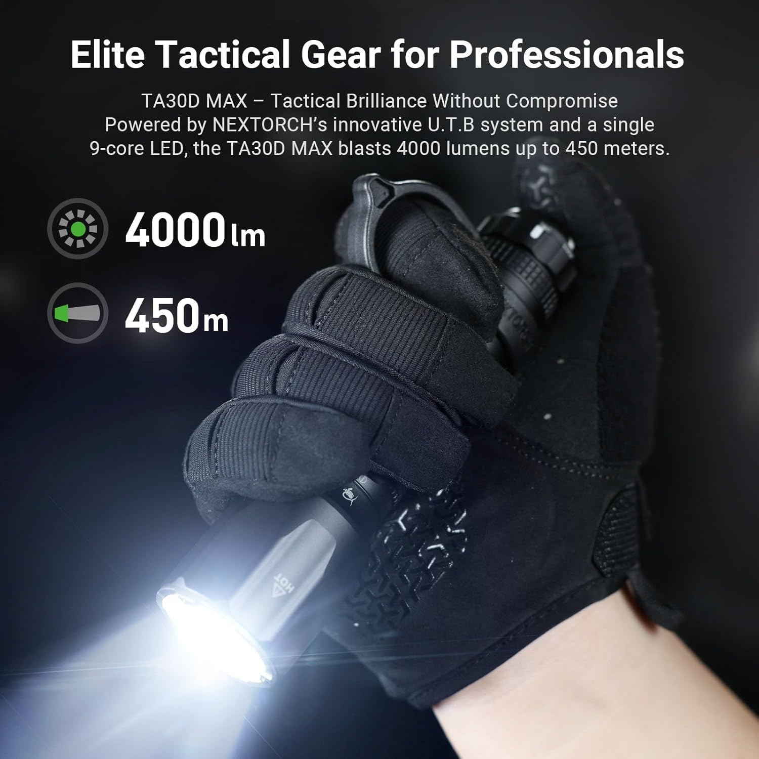NEXTORCH TA30D MAX Taktische Taschenlampe 4000 Lumen, EDC Extrem Hell LED Aufladbare mit 450m Reichweite, IPX8 Wasserdicht, 5 Modi & Strobe, FR-3 Ring für Polizei, Notfall, Suche im Outdoor-Bereich