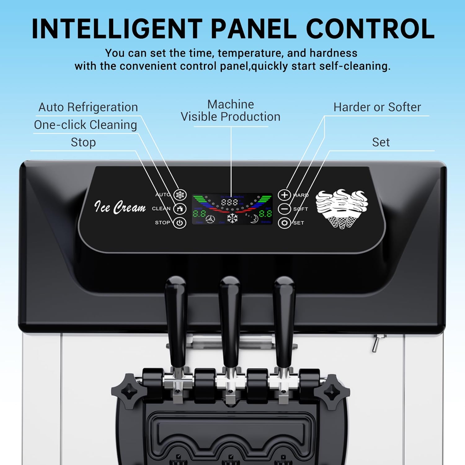 Close-up of the intelligent control panel with buttons for Auto Refrigeration, One-click Cleaning, Stop, Harder/Softer settings, and Set.