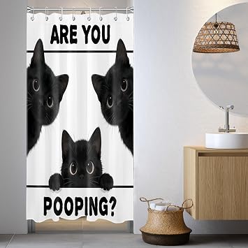LB Funny Cat Small Stall Shower Curtain 48 x 68 inch, Black Cat Half Size Shower Curtain Liner, Black and White Narrow Shower Curtains for Bathroom Decor, 48 inch Fabric Shower Curtains Set with Hooks