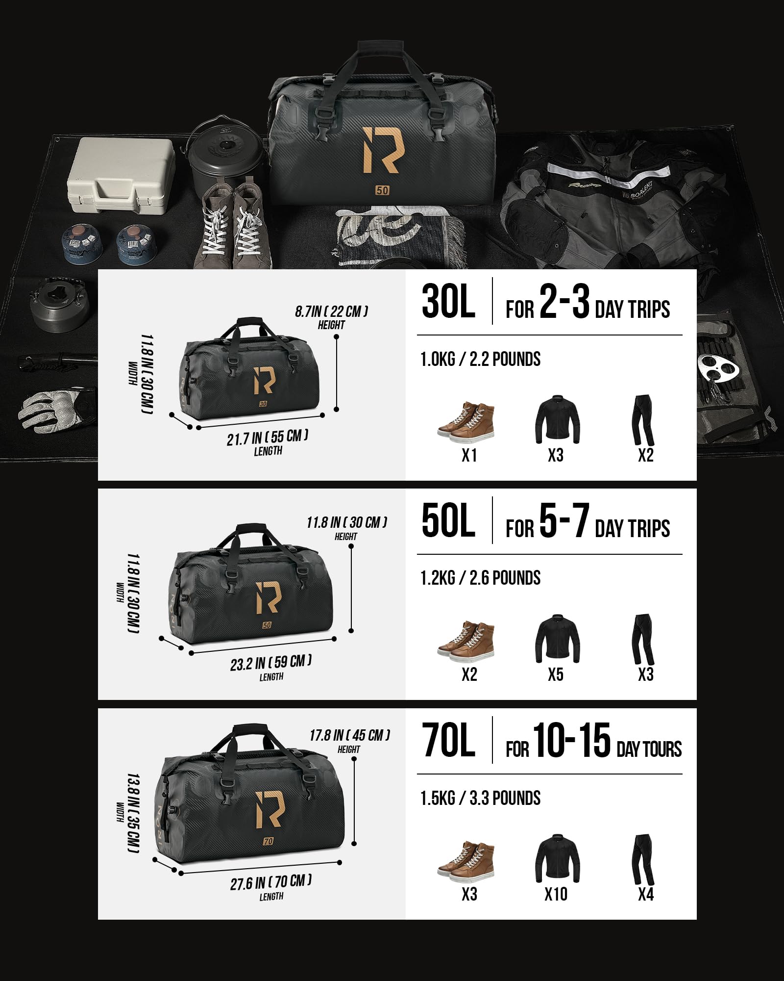 IRON JIA'S Bolsa Impermeable de Viaje para Moto y Ciclismo - Bolsa Trasera con Cierre Superior Enrollable y Correas para los Hombros - Adecuada para Camping y Deportes Acuáticos - 50L