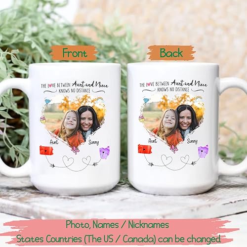 Miniatura 2 de Taza de café blanca personalizada con nombres de estados, regalo para tía y sobrina, The Love Between Them Knows No Distance  Taza de viaje