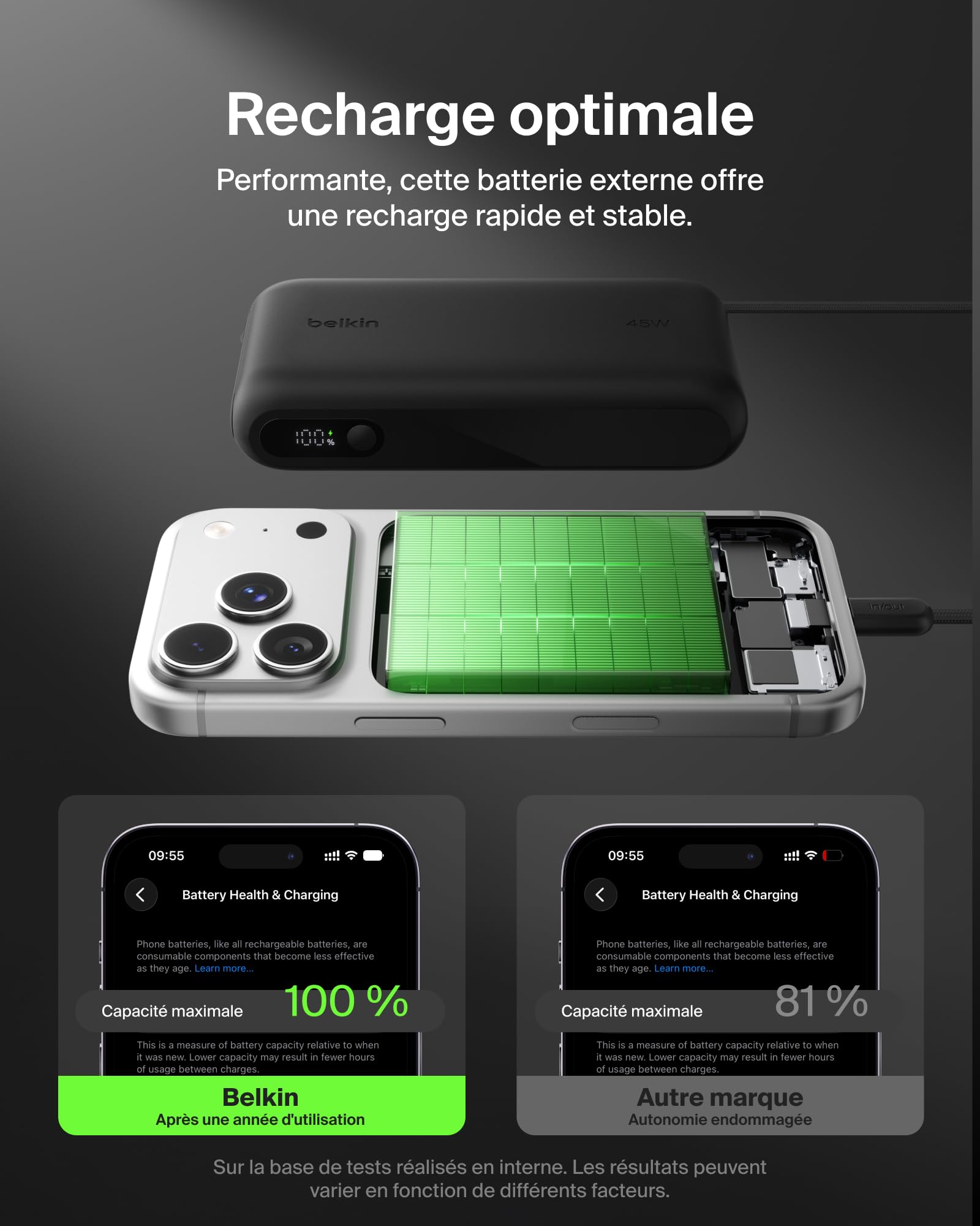 Belkin UltraCharge Batterie Externe 20K avec Câble USB-C Et Écran - Noir