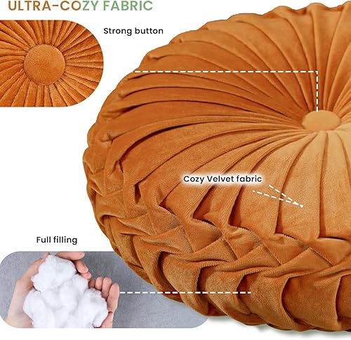 Miniatura 5 de Sioloc Almohada redonda de terciopelo, cojín de asiento para decoración del hogar, cojín plisado de piso para sofá y silla (naranja, 15.7 pulgadas)