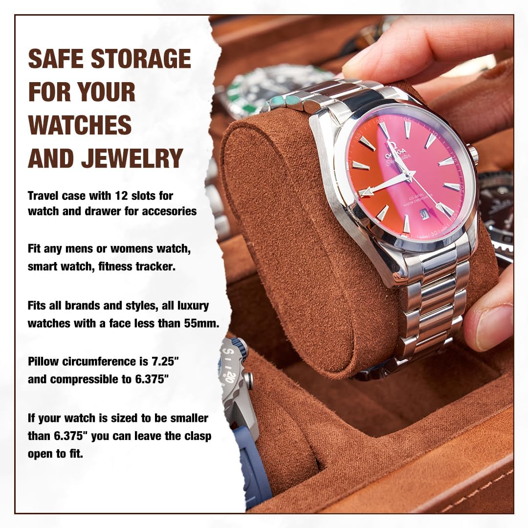 Awesometik 12 Slot LUXURY Faux Leather Watch Box Organizer. Real Glass Top. Watch Display & Watch Holder for Men. Watch Collection, Protection. For Men Ready to Gift (12 Slot Watch Box with Drawer)