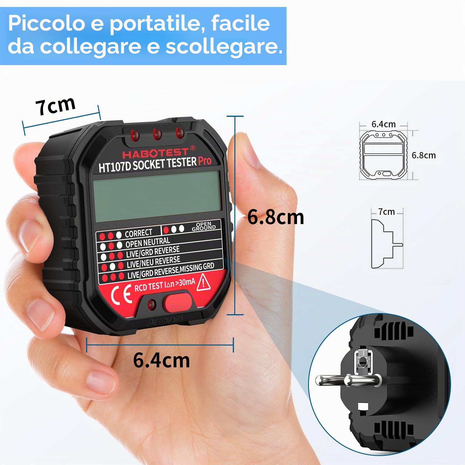 Tester de Prese, Tester per Circuiti Elettrici con Test RCD e Display LCD, Rilevatore Cavi Elettrici 6 tipi di Diagnosi dei Guasti, Visualizzazione tensione 90-250 V/CAT.II 300V (EU Plug)