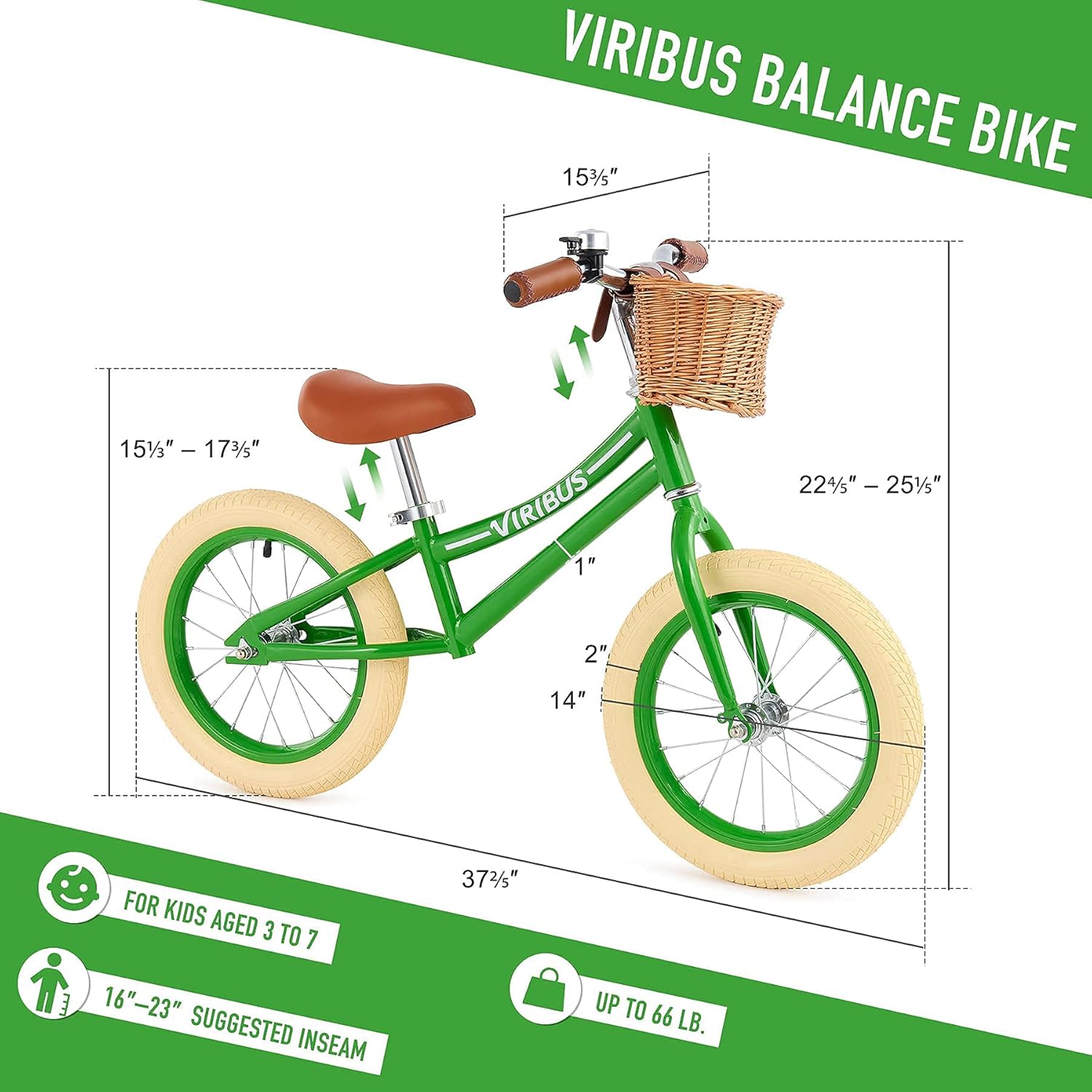 Viribus 14" Balance Bike for Children, Adjustable Trainer Bike Outdoor Toy for Girls & Boys, Kids Training Bike Style Scooter, Carbon Steel No Pedal Bicycle with Bike Basket & Bell for Ages 3-7, Green : Toys & Games