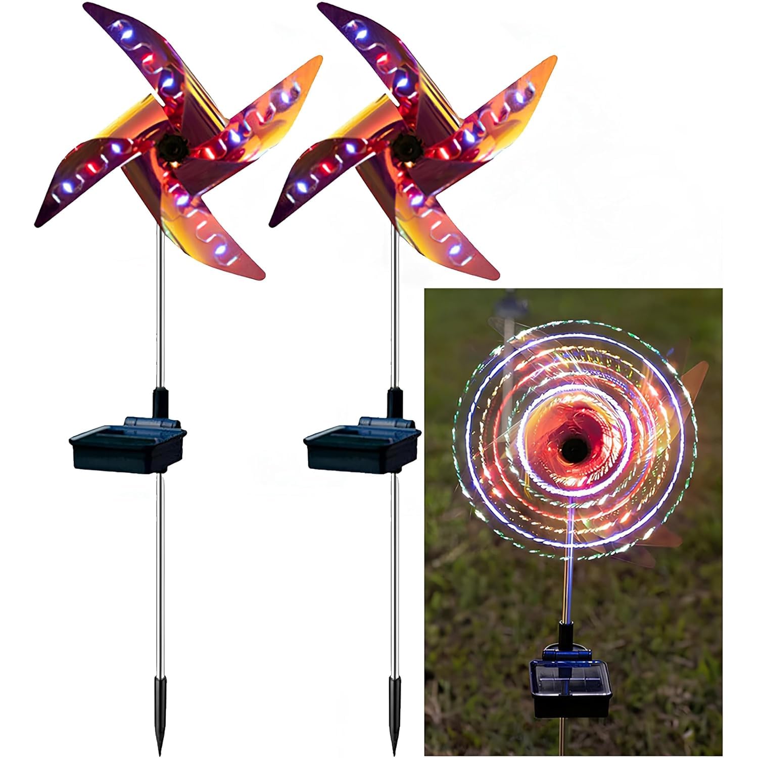 GIGAWATTS GW-510 32 LED Solar Wind Spinner Lights with 2V Panel 8 Modes 600mAh Ni-MH Battery Stake Pinwheels Lamp for Pathway Decor Garden Lawn Walkaway (Pack of 2, RGBY)