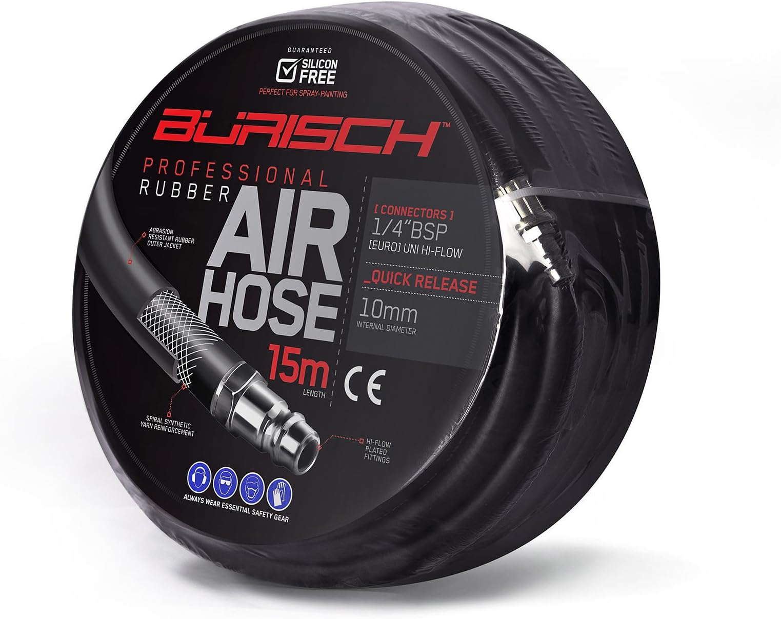 Burisch Air Hose Airline 15m Rubber - 10mm ID - Quick Release Hi-Flow Fittings