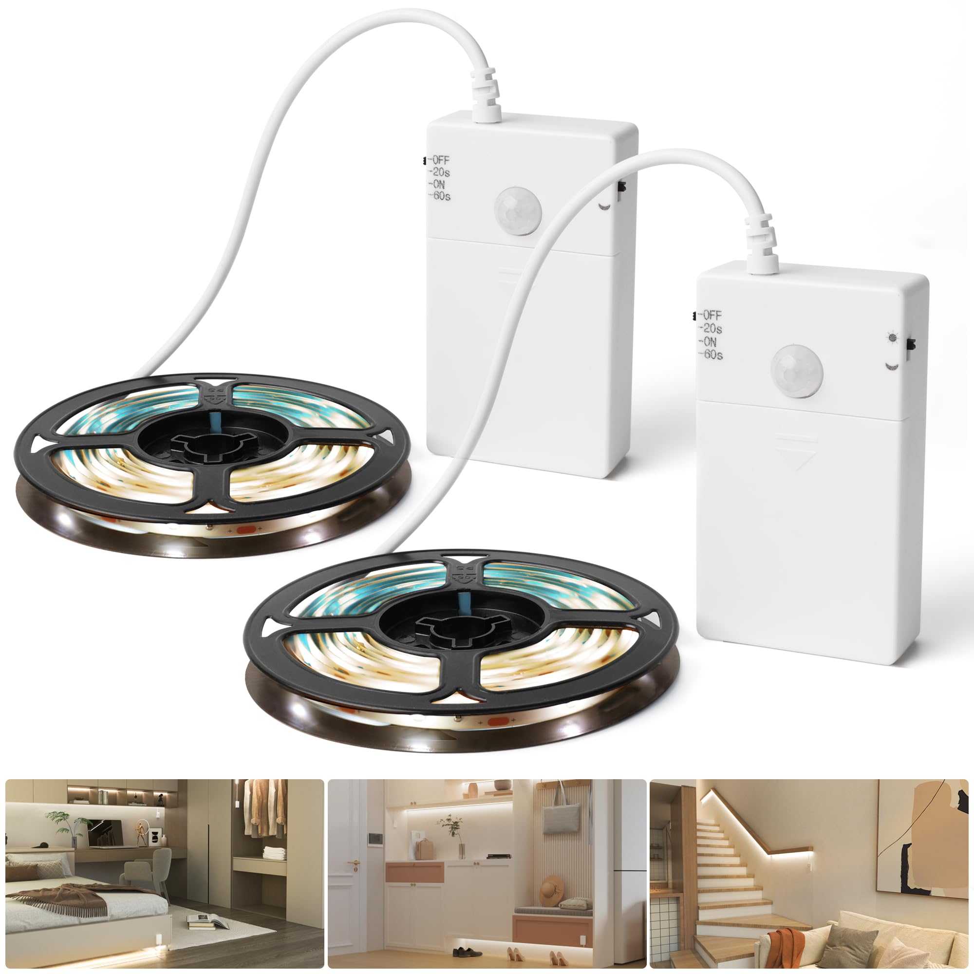 SOAIY 2er-Set LED Streifen 2M Lichtband mit Bewegungsmelder Batteriebetrieben Schrankbeleuchtung LED Band Tag/Nacht Modus Treppenlicht für Küche Kleiderschrank Flur Treppe Bett Schlafzimmer Warmweiß