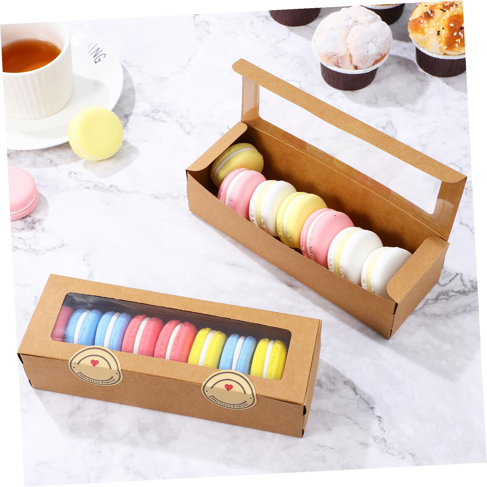 SOIMISS Boîtes à Macarons Kraft Marron avec Fenêtre Transparente, Légères et Faciles à Transporter, Pâtisserie DIY Boutiques, Lot de 50 Pièces avec Autocollants