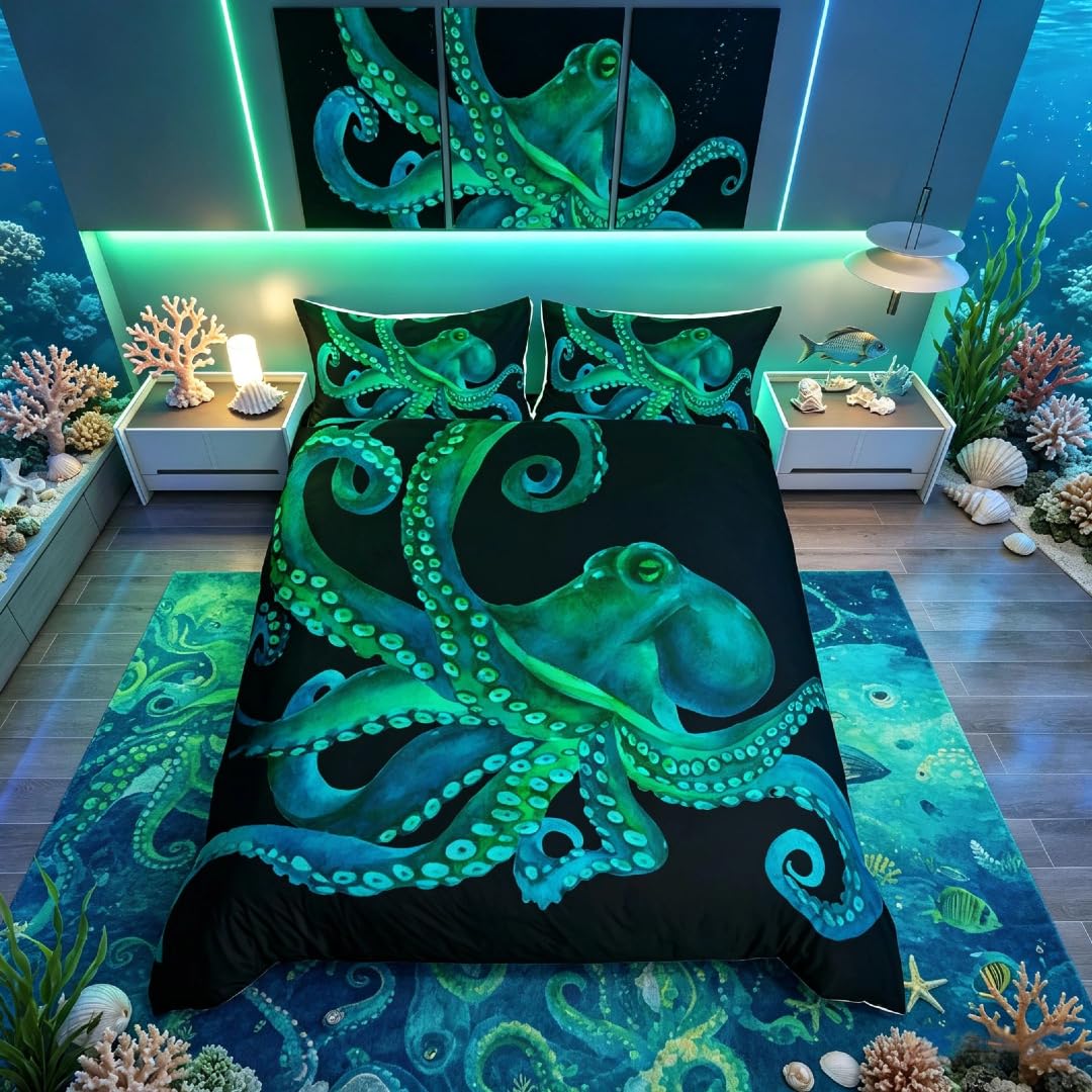 Homemissing Ocean Kraken Print Bedding Set for Bedroom Living Room Octopus Room Decoration Marine Life Themed Duvet Cover Underwater Animal Pattern Bedspread Single