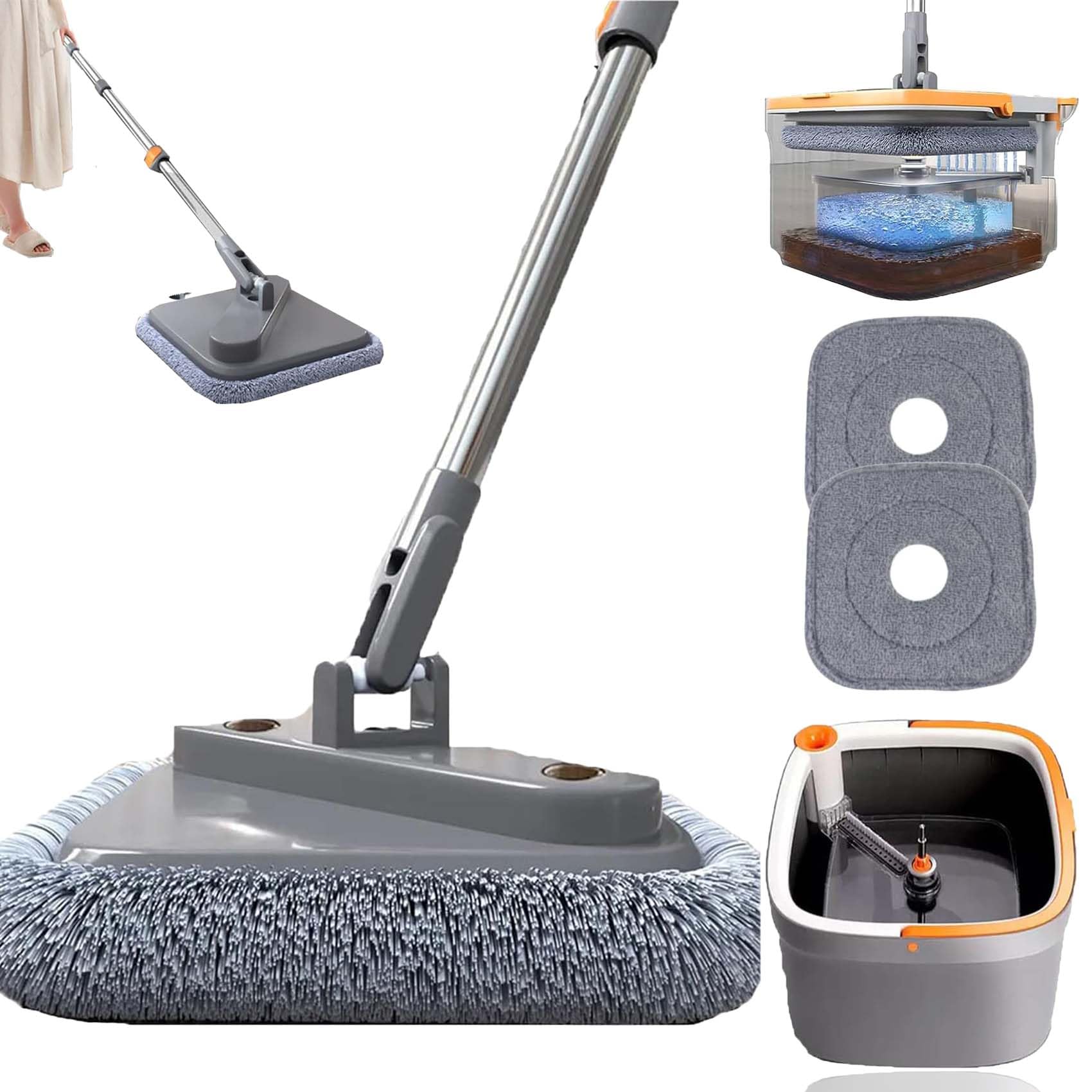M16 - Juego de fregona giratoria autolavable, 360° ajustable y cubo giratorio con escurridor, perfecto para limpieza en seco y húmedo sin esfuerzo, ideal para fregar fácilmente