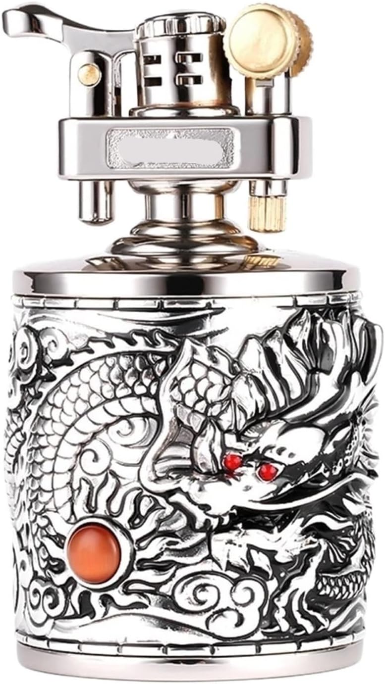 アンティークエンボス加工の金属製灯油ライター、昔ながらの砥石式卓上灯油点火装置、エンボス加工のデザイン、再利用可能、キャンプファイヤ