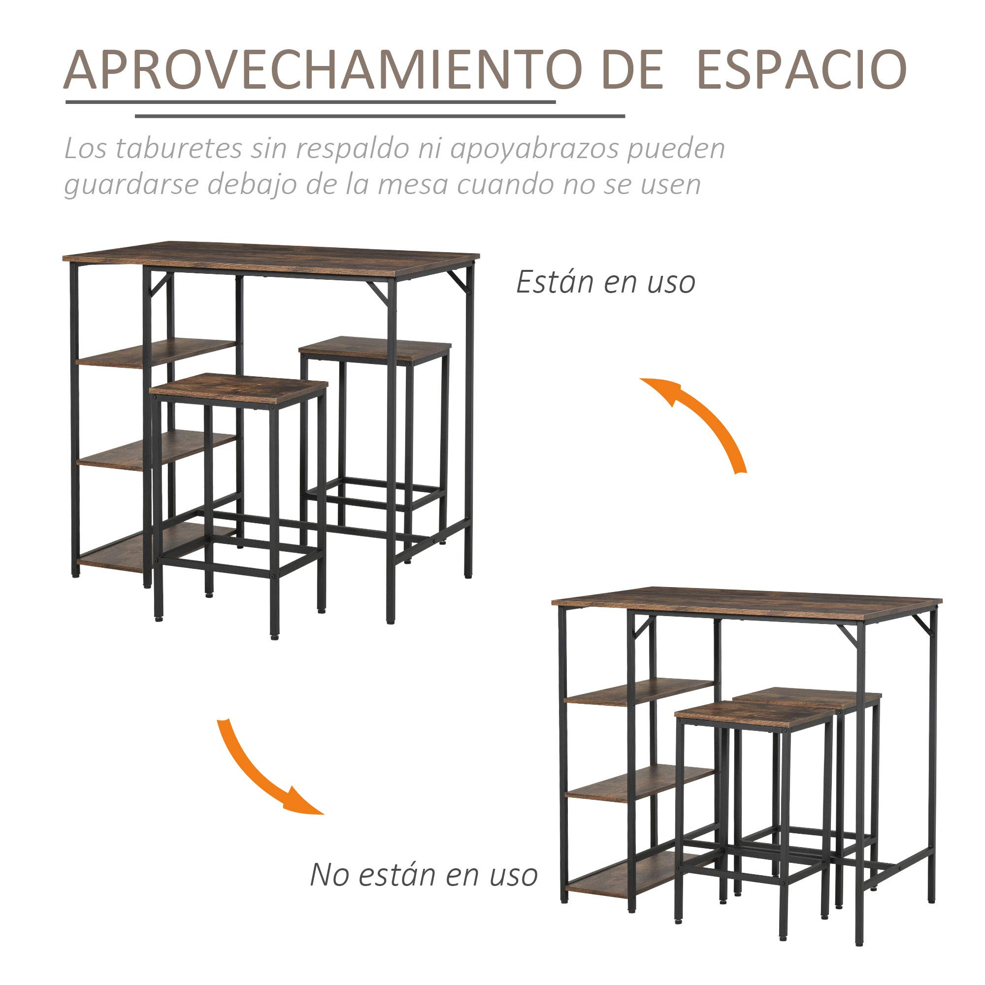 HOMCOM Set de Mesa de Bar y 2 Taburetes 109x60x100 cm Marrón Rústico | Mesa Alta, Reposapiés, Estantes de 3 Niveles, Almohadillas Ajustables, Cocina Comedor