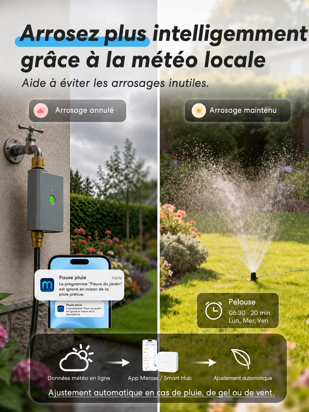 meross Programmateur Arrosage WiFi avec Smart Hub, Arrosage Automatique pour Jardin, App & Commande Vocale, Pause Pluie, Suivi Conso d’Eau, Raccords en Laiton, IP65, Alexa, Google et Apple Home, Gris