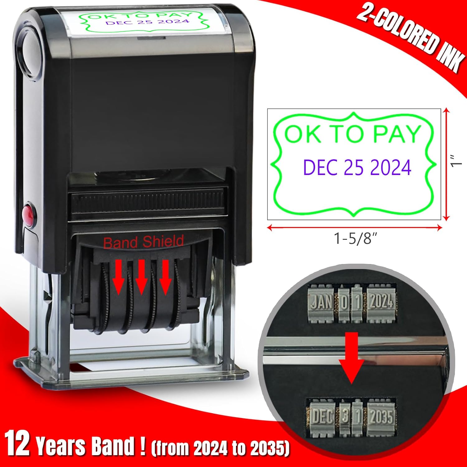Ok-to-Pay-Stamp-with-Date Self Inking Date Stamp Office Stamps with Pay for Business Supplies,Payable Paid Stamp 12-Year Bands 2-Colored Ink,Green/Purple 2025(Ok to Pay)