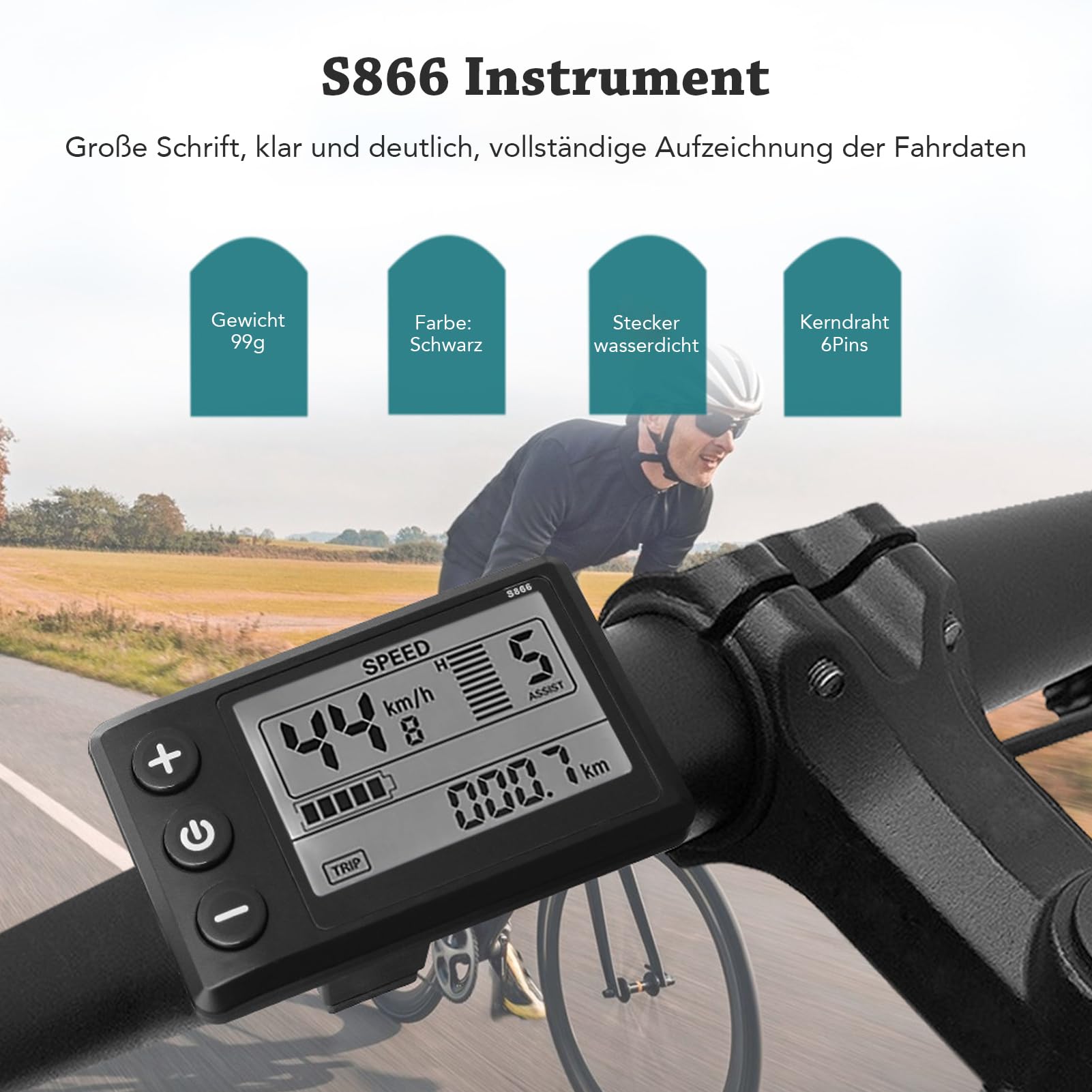 Akozon S866 Misuratore Display LCD per Bicicletta Elettrica, Display 24V 36V 48V Pannello di Controllo Bici Impermeabile con Spina Impermeabilecontachilometri Tachimetro Wireless