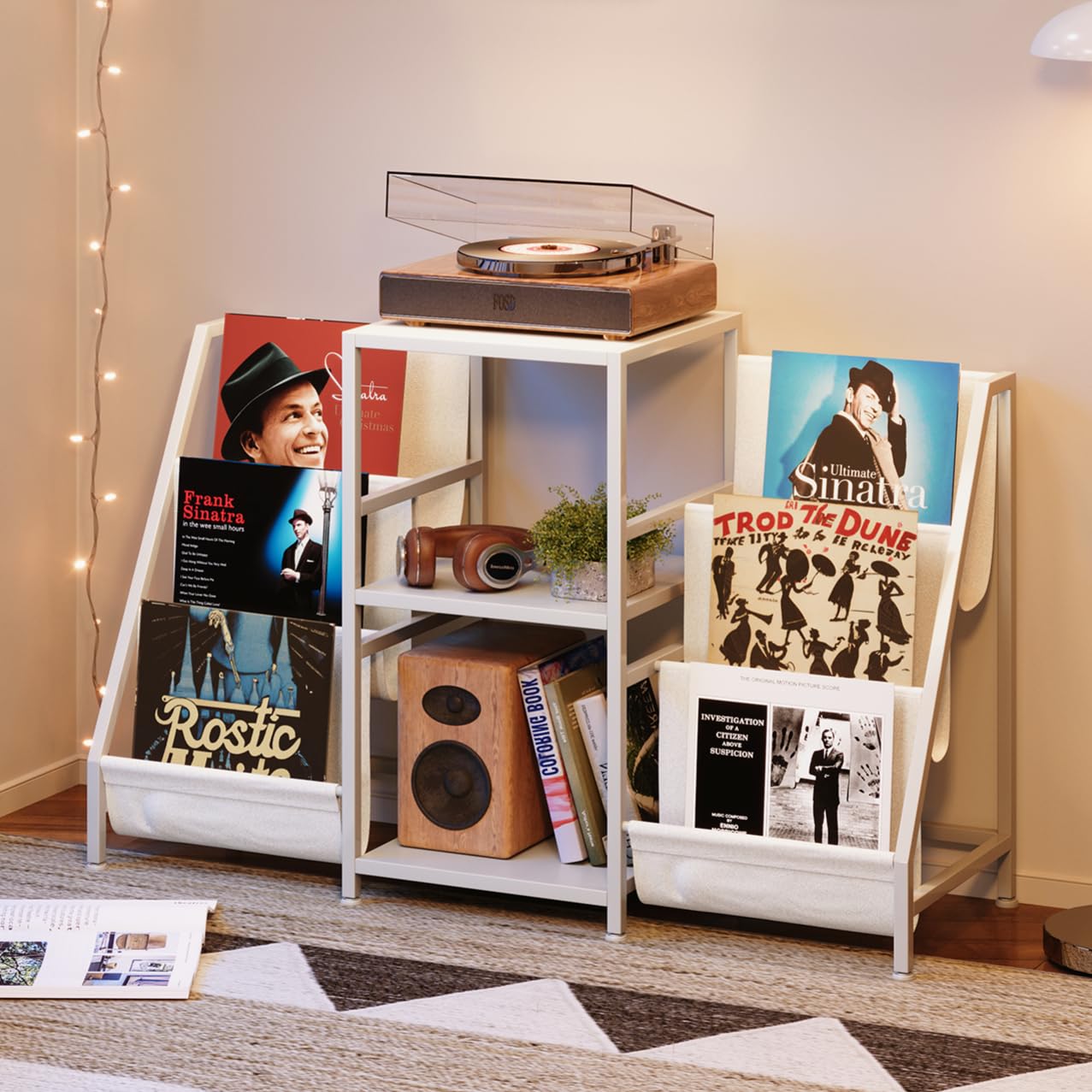 Soporte para tocadiscos blanco con 3 niveles, almacenamiento de vinilo para hasta 280 LPs, moderno soporte para discos de vinilo y mesa auxiliar para tocadiscos, diseño minimalista, estantería para