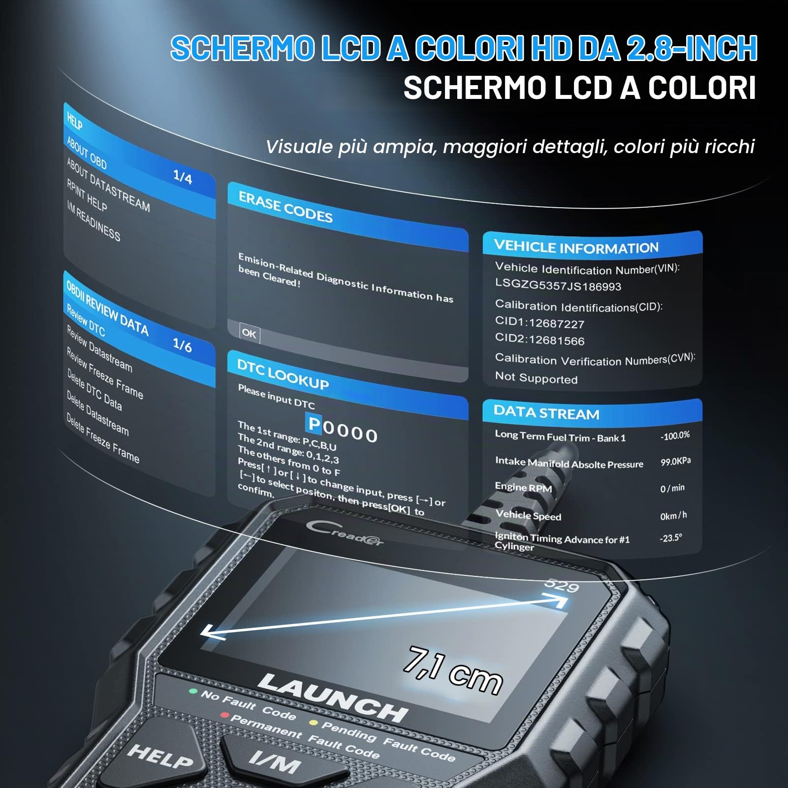 LAUNCH CR529 OBD2 Diagnostica Lettore Codici Test Smog O2 EVAP | Controllo smog con un clic, spegnimento spia motore, dati grafici, plug&play, ampia compatibilità