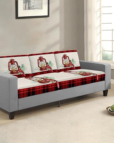 Miniatura 2 de Fundas de cojín elásticas para sofá con diseño de pájaros de Navidad, con parte inferior elástica, diseño botánico de bayas de Navidad, rojo y