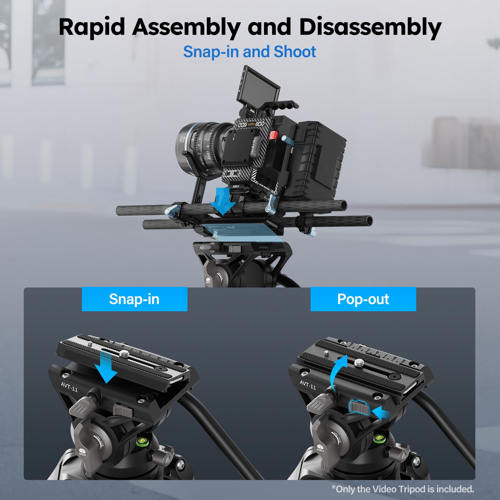 SIRUI 73"/185cm Treppiede con Piastra a Sgancio Rapido a Scatto per Manfrotto, AVT-11 Treppiede Video con Testa Fluida a 360°, Treppiedes Impieghi Gravosi per Videocamera DSLR, Carico Fino a 10kg/22lb