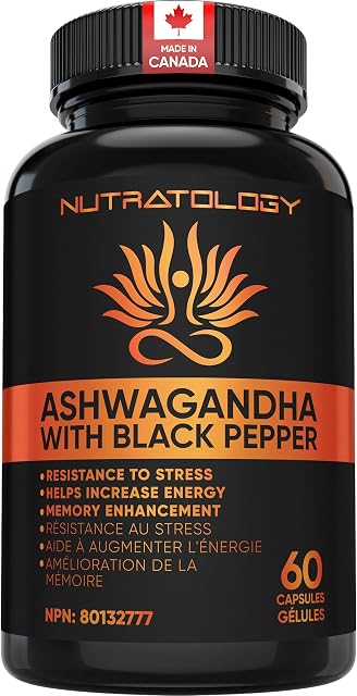 Nutratology® Organic Ashwagandha | La résistance au stress augmente au Canada & Soutient l'amélioration de la mémoire - Poivre noir/W pour l'absorption accrue 650MG Ashwagandha Par Capsule - 60 Capsules