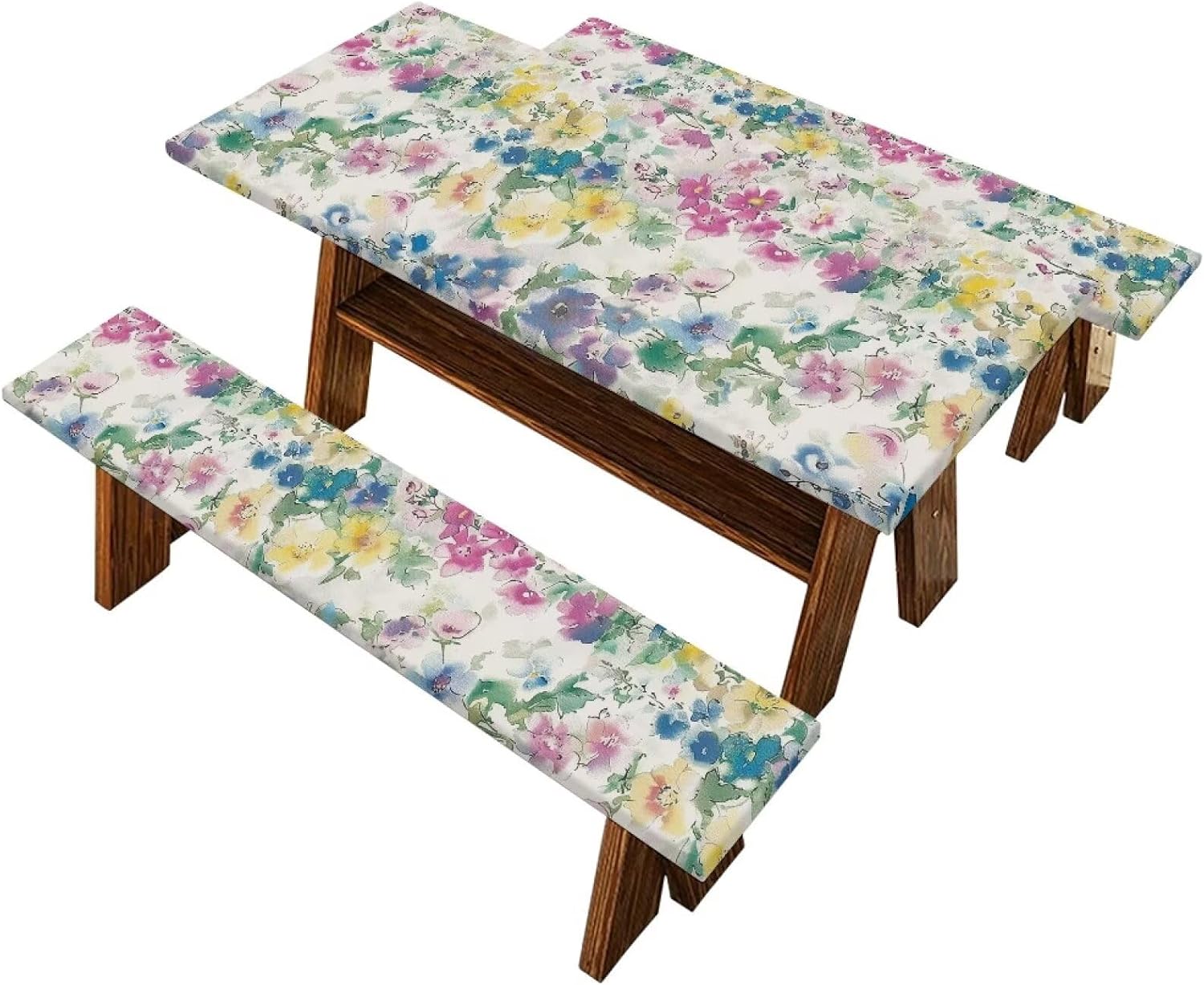 Flashideas Multicolor Flowers Picnic Table Cover with Bench Covers Set for Outdoor and Camping Camping Essentials Accessories with Elastic RV Camping Accessories and Camper Must Haves