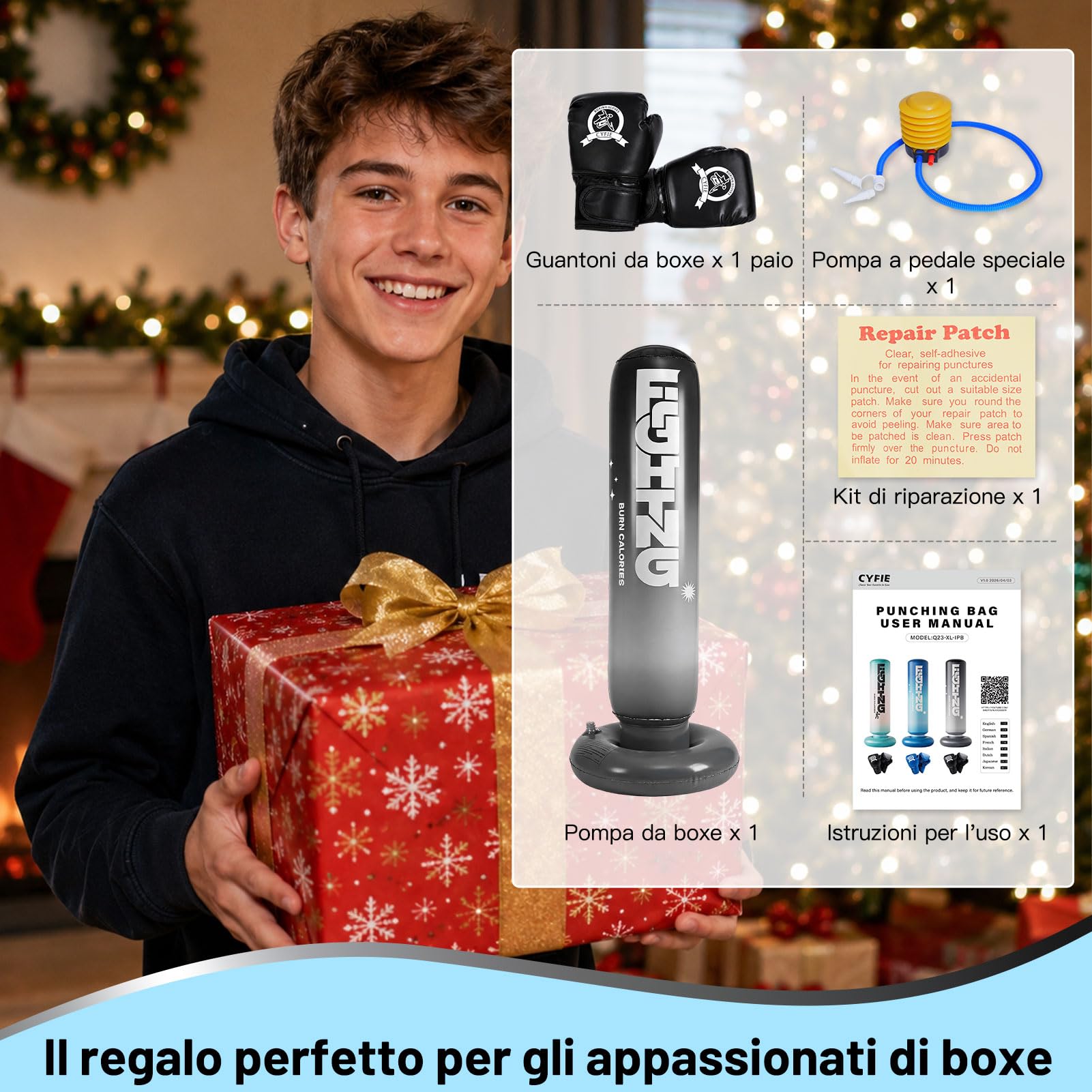 CYFIE Sacco da boxe gonfiabile con guanti da boxe e pompa, 150 cm, sacco da boxe autoportante, attrezzatura per allenamento MMA Muay Thai Fitness