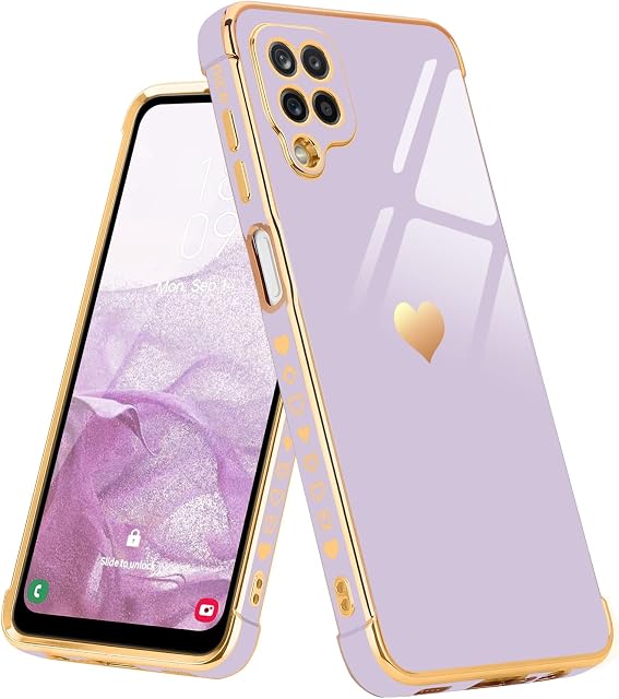Urarssa for Samsung A12 Case Cute Bling Plating Heart Design Cases Women Girls Shockproof Bumper Silicone Slim Protective Cover for Samsung Galaxy A12 5G, Purple