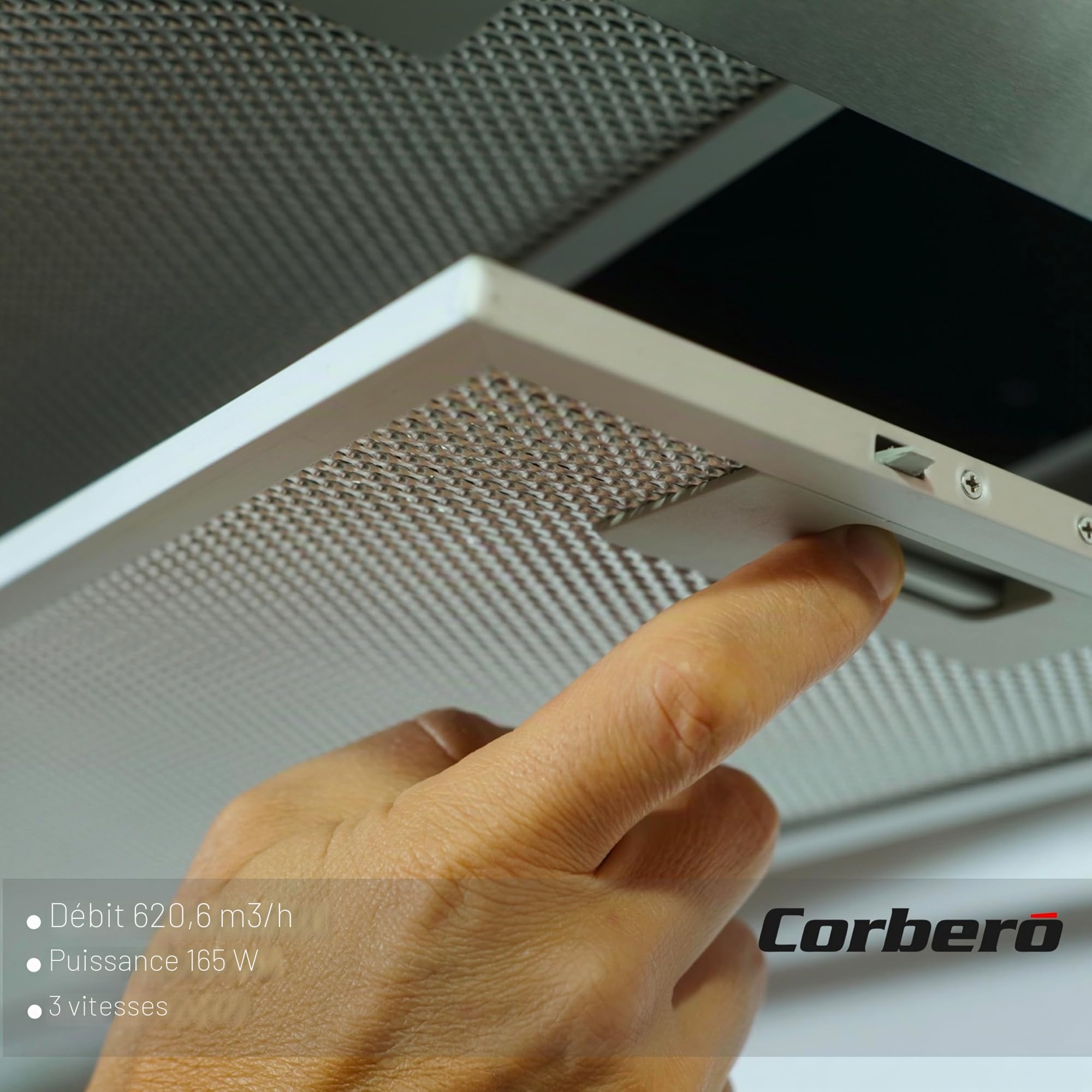 Corberó - Hotte télescopique | 90 cm | ANETO960X | Débit 600 m3/h | Puissance 165 W | 3 vitesses | Filtre aluminium 3 couches | Filtre carbone | Efficacité énergétique A, acier et noir