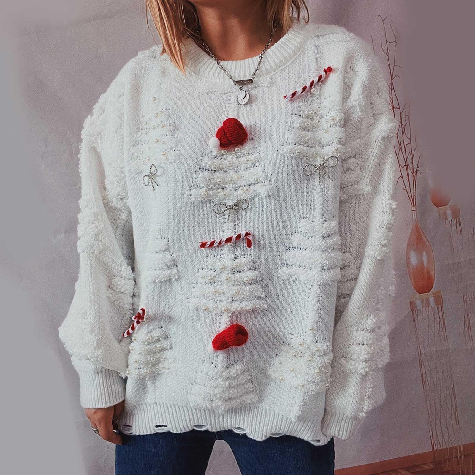 Maglione natalizio da donna a girocollo con spacco natalizio, lavorato a maglia, con motivo grafico albero di Natale, top eleganti ed eleganti, maglioni a tunica
