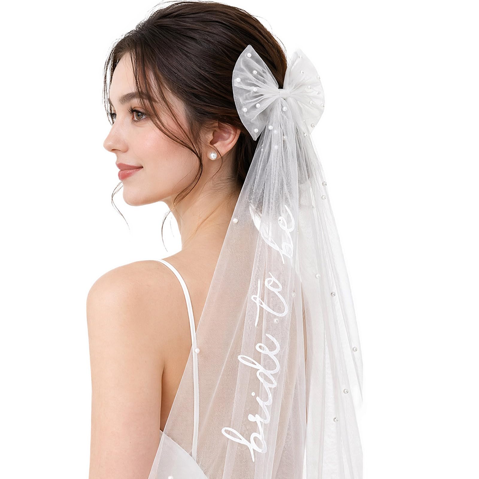 Feibety Bride to Be Veil with Bow and Pearls,White Hen Party Veil for Hen Do Accessories,Bridal Shower Decorations,Bachelorette Party,Wedding,Engagement Gifts for Bride