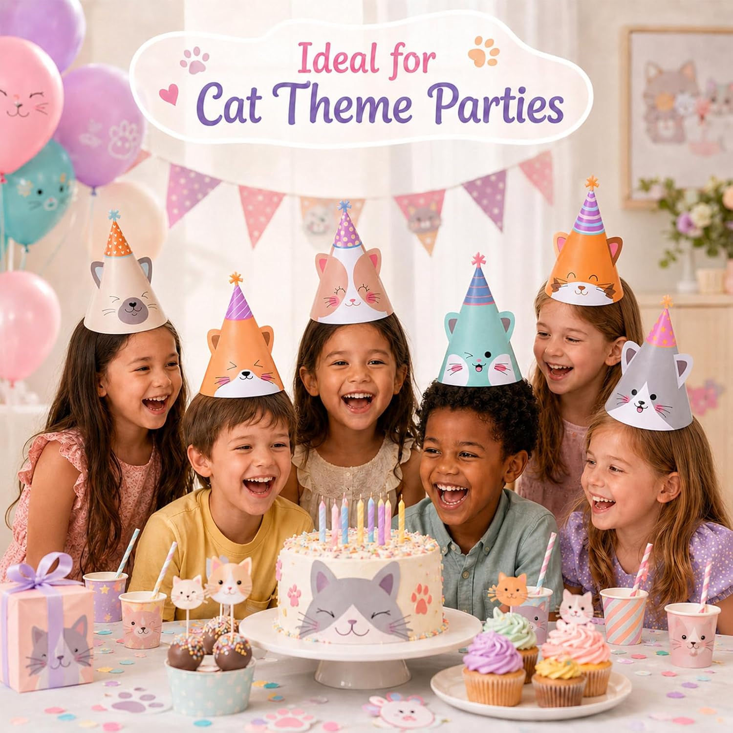 24 Pcs Cat Birthday Party Hats Cute Kitten Themed Paper Cone Hats Decorations Pet Cat Theme Costume Headwear with Elastic String for Cosplay Dress Up Kitten Themed Birthday Party Supplies Favors