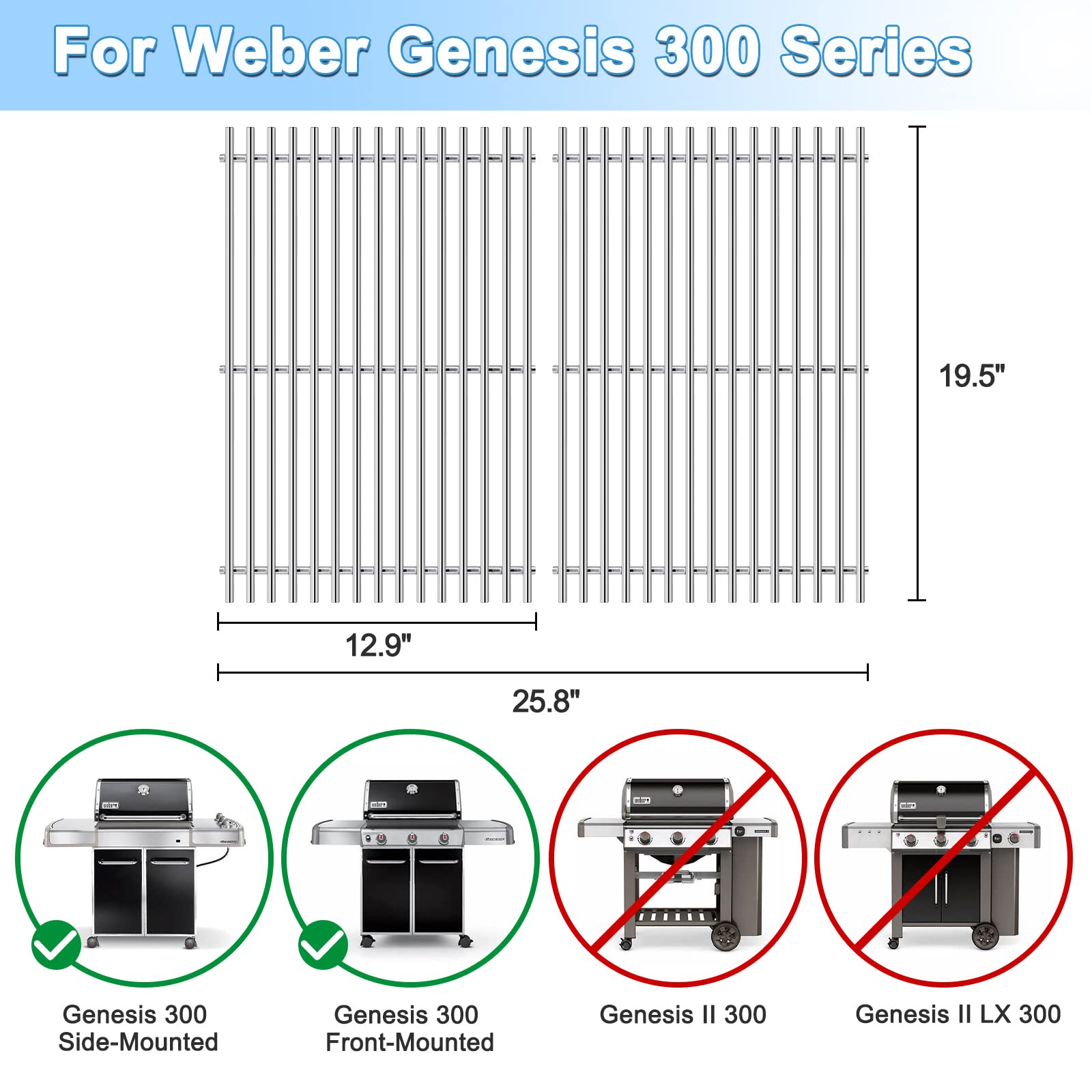 Criditpid Grillroste Für Weber Genesis 300 Serie – 49,5 Cm, 304 Edelstahl, 7 Mm Dick